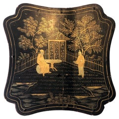 Antique Hand-painted wooden Manton Manila shawl box lid (Canton) China 19th century