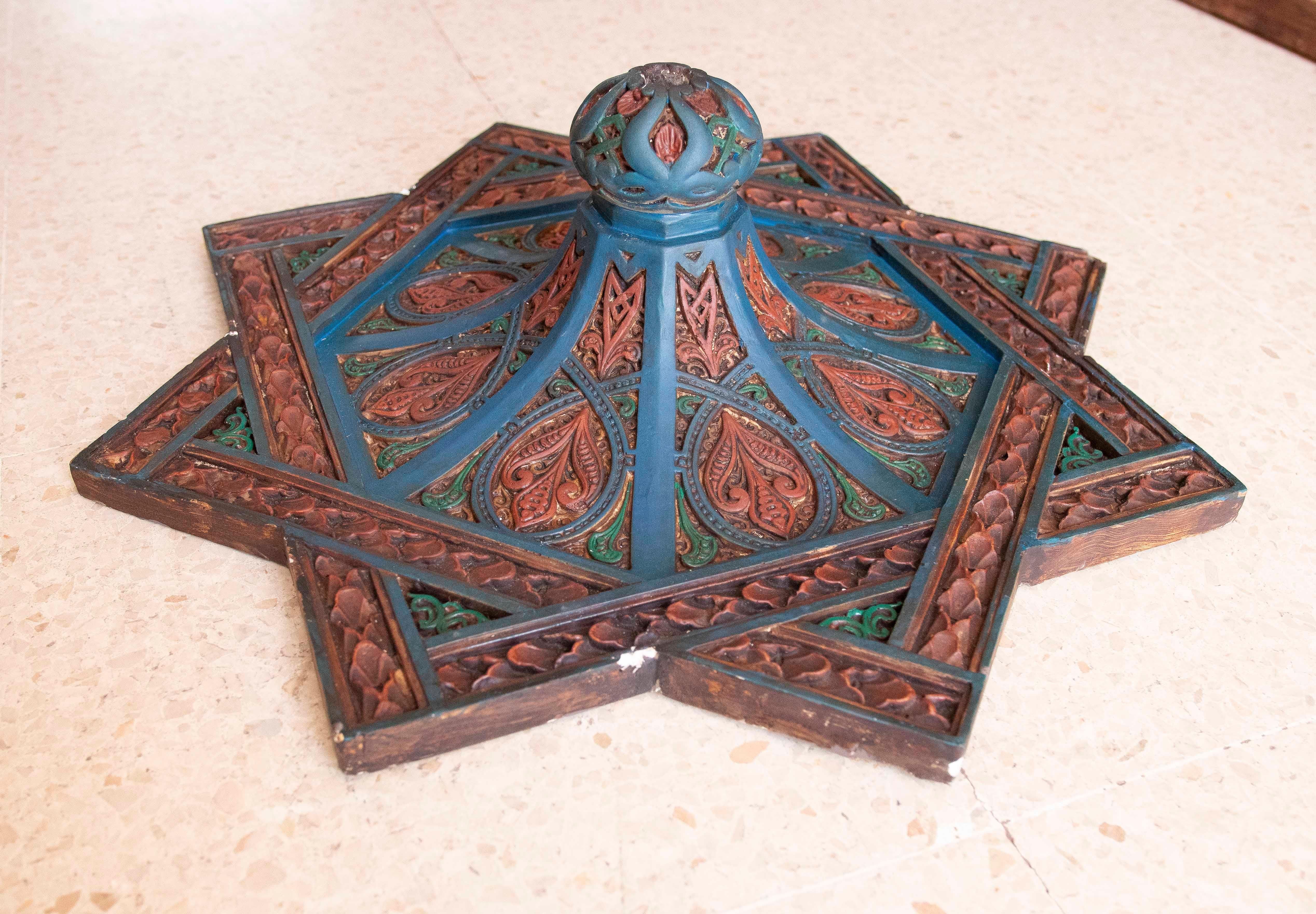 Hand-Painted Hand Painted Wooden Moorish Style Ceiling Keystone for Center Room For Sale