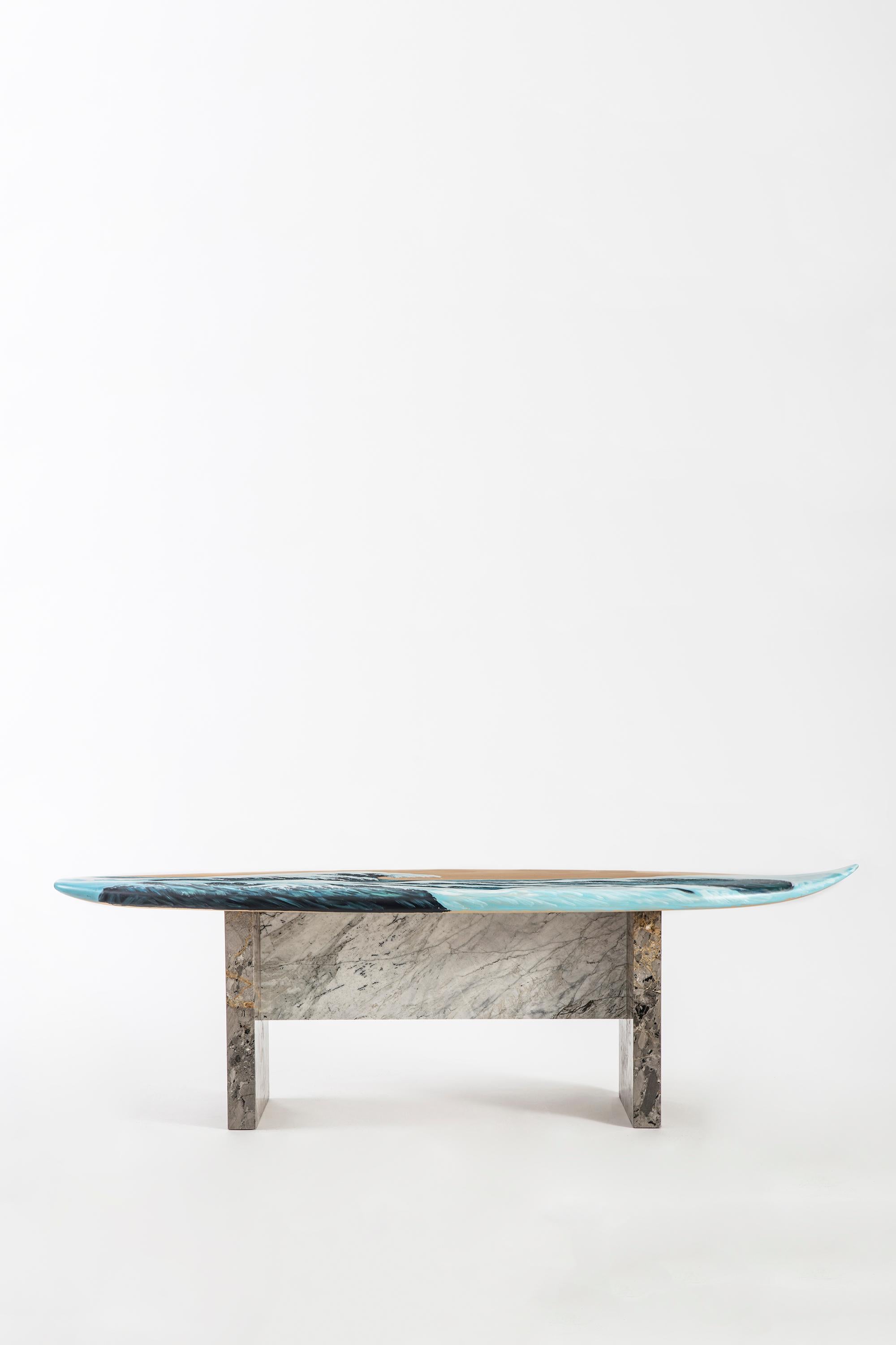 Motus.

A bench designed with the idea of constant movement, even when anchored to a fixed place, Motus combines handcrafted lime wood with contrasting marble legs. The seat is hand painted, with an image reminiscent of The Great Wave off