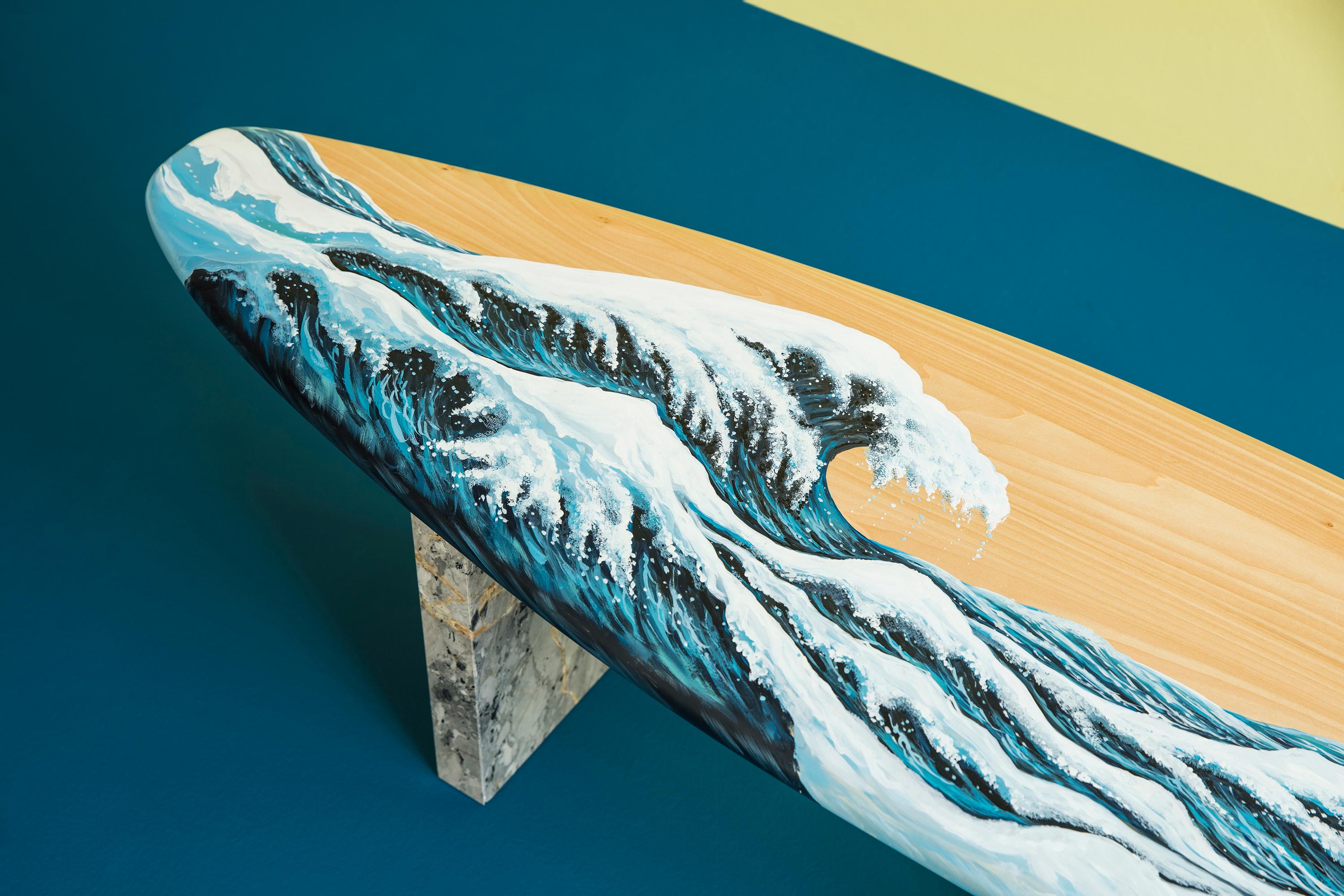 Arts and Crafts Hand Painted Wooden Motus Surf Bench with Marble Legs For Sale