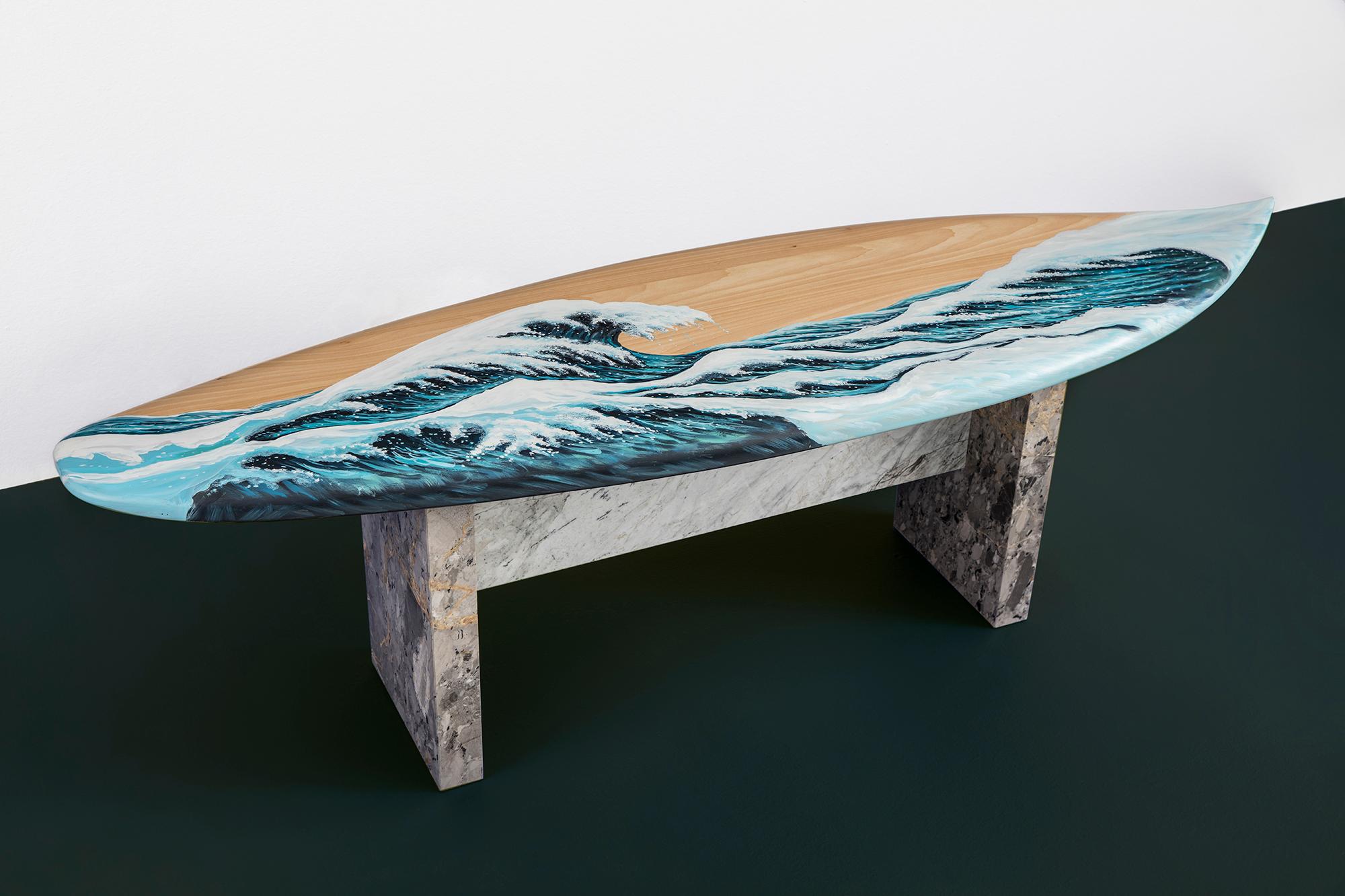 Hand-Crafted Hand Painted Wooden Motus Surf Bench with Marble Legs For Sale