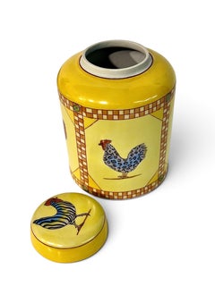 Hand-Painted Yellow Ceramic Jar with Rooster Decoration, Mid-20th Century