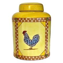 Hand-Painted Yellow Ceramic Jar with Rooster Decoration, Mid-20th Century