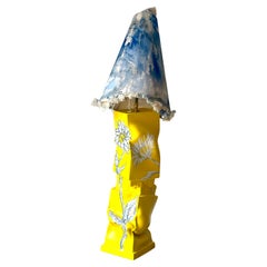 Hand painted yellow ceramic table lamp with flowers and painted shade. Italy.