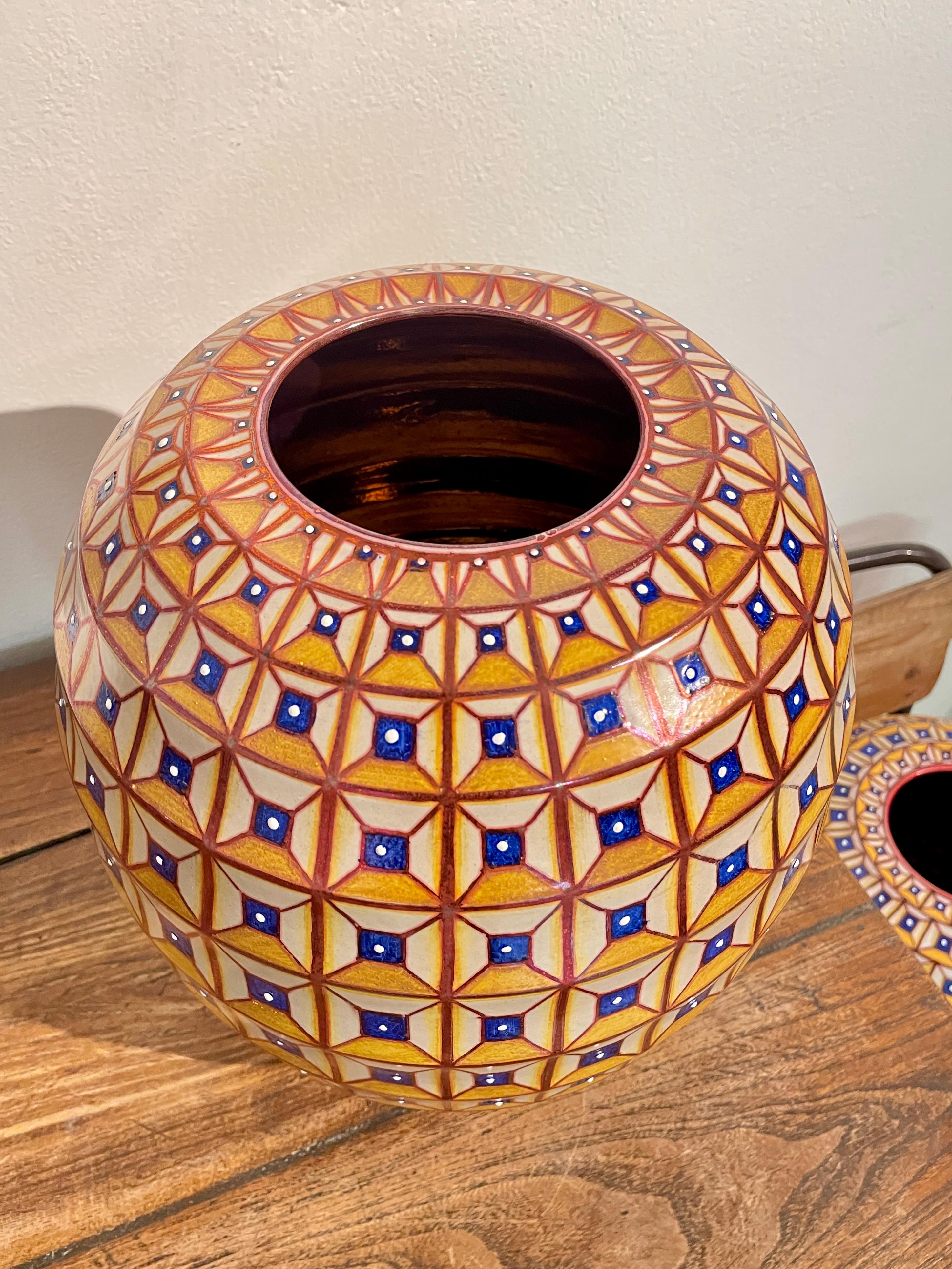 Art Deco Hand Painted Yellow Ceramic Vase by Bottega Vignoli Italy Contemporary Majolica For Sale
