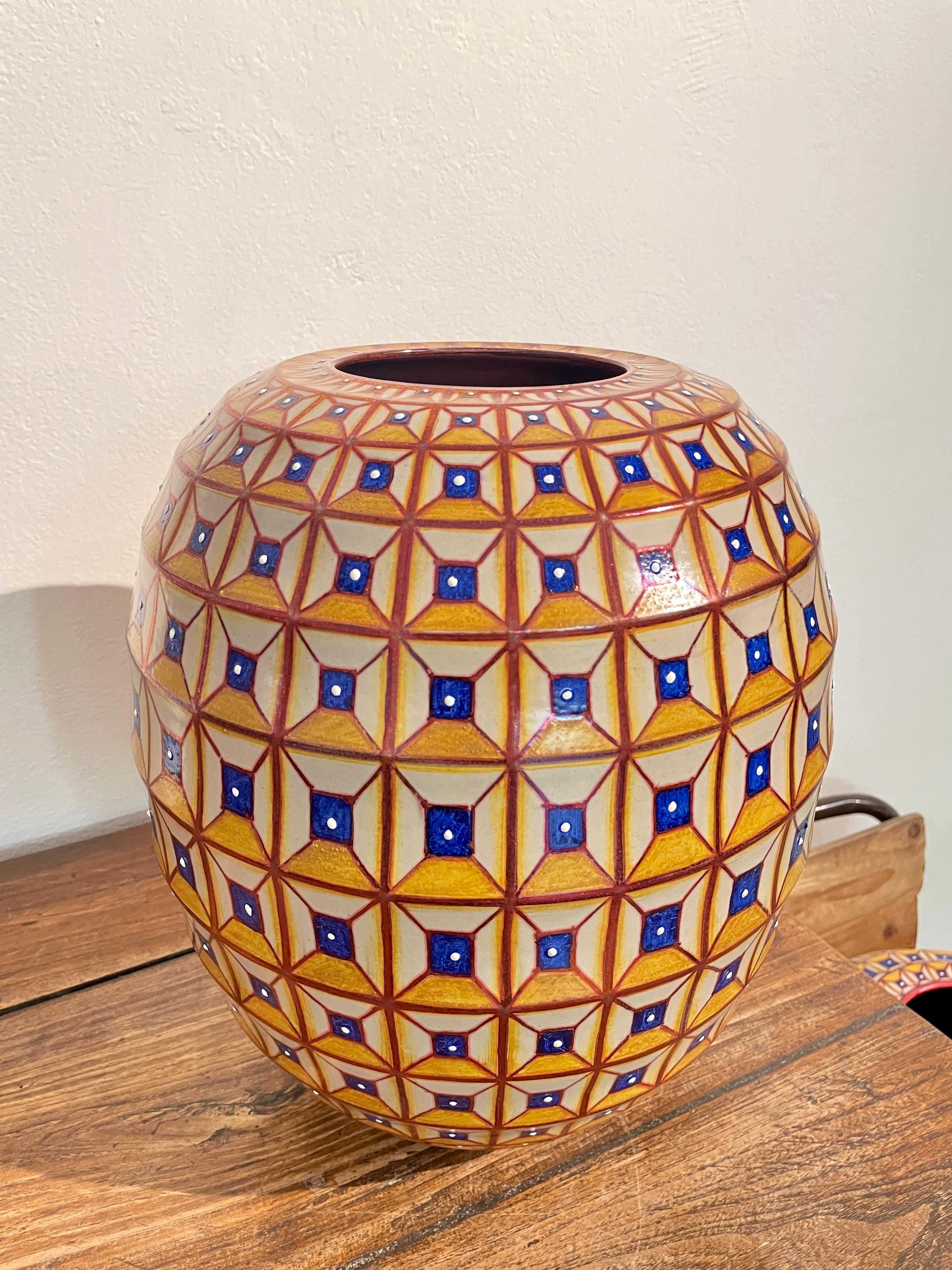 Hand-Painted Hand Painted Yellow Ceramic Vase by Bottega Vignoli Italy Contemporary Majolica For Sale