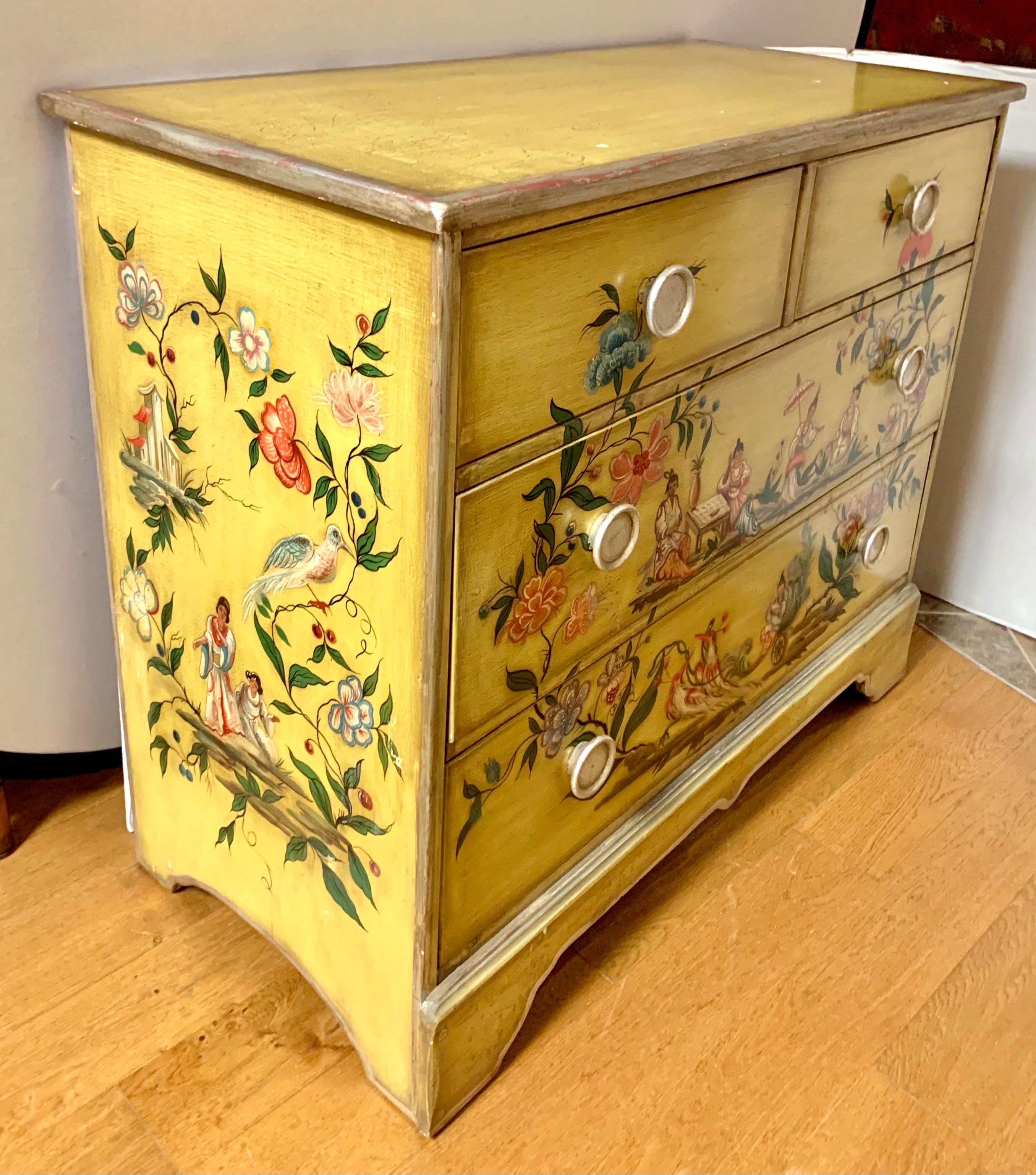 Wood Hand Painted Yellow Chinoiserie Chest of Drawers Dresser