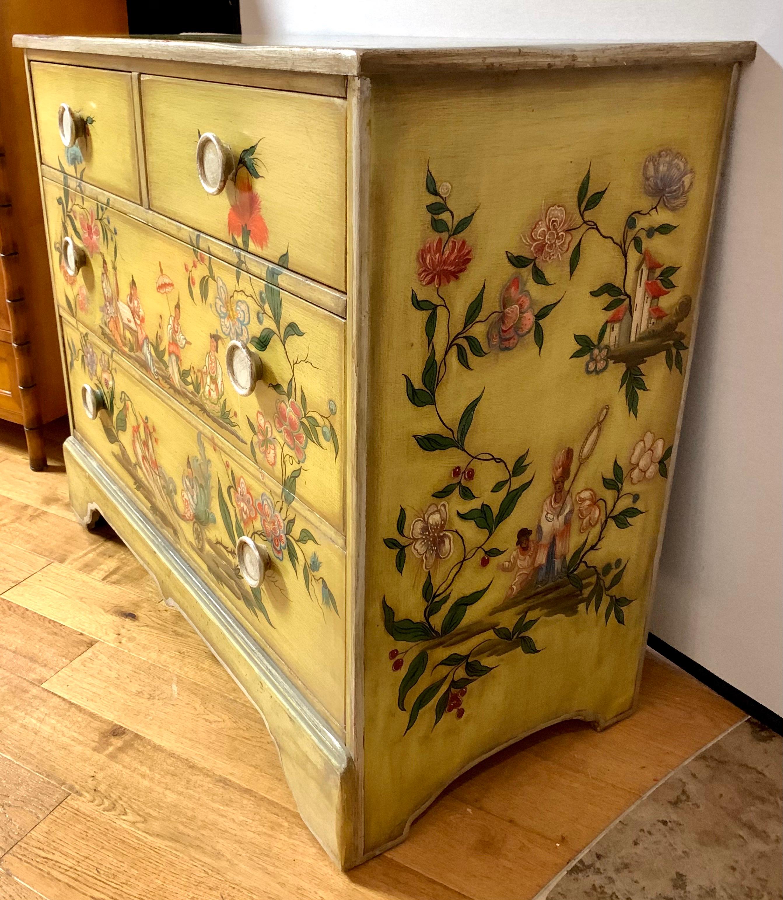 Late 20th Century Hand Painted Yellow Chinoiserie Chest of Drawers Dresser