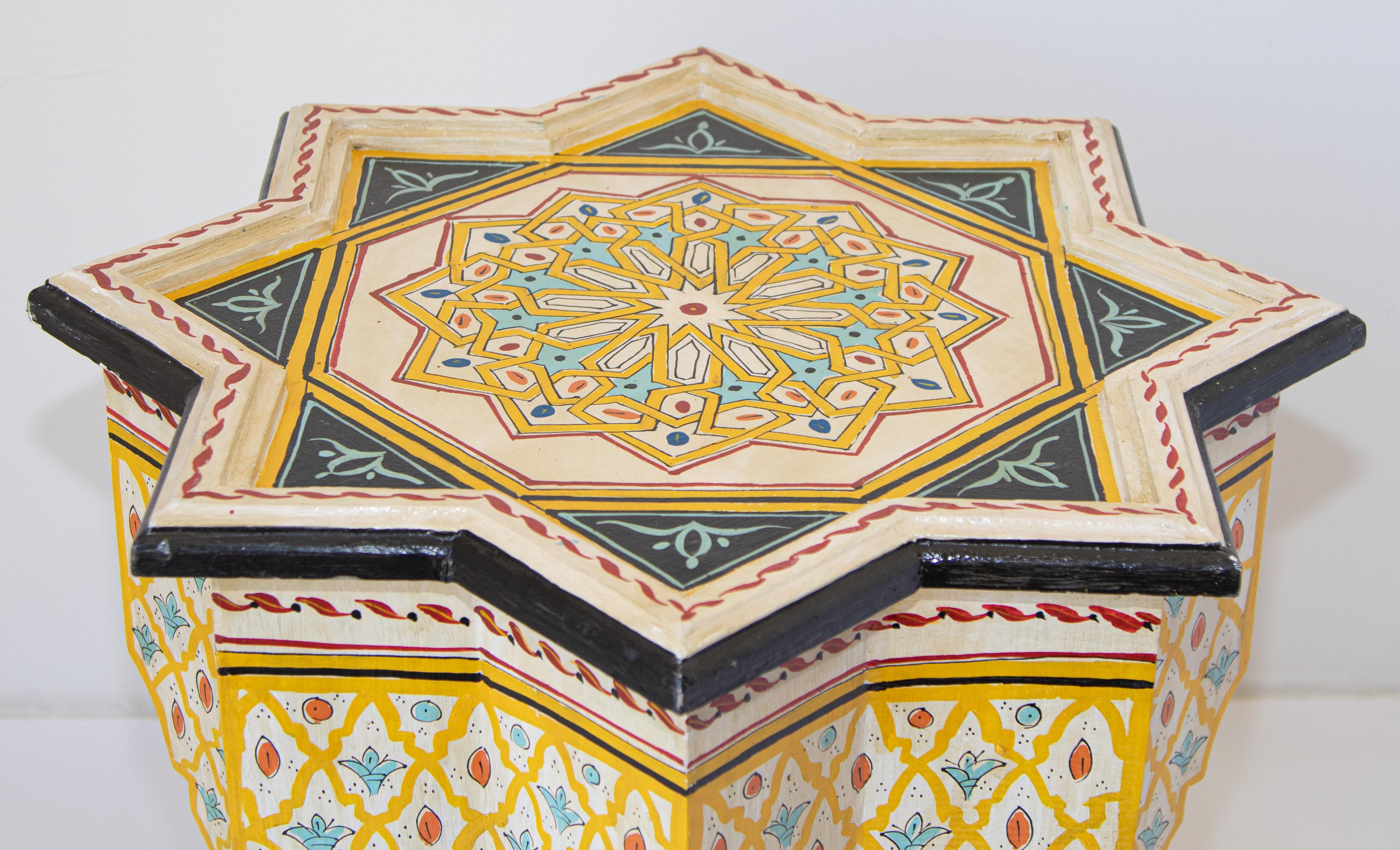 Hand-Carved Hand Painted Yellow Moroccan Side Table Moorish Style