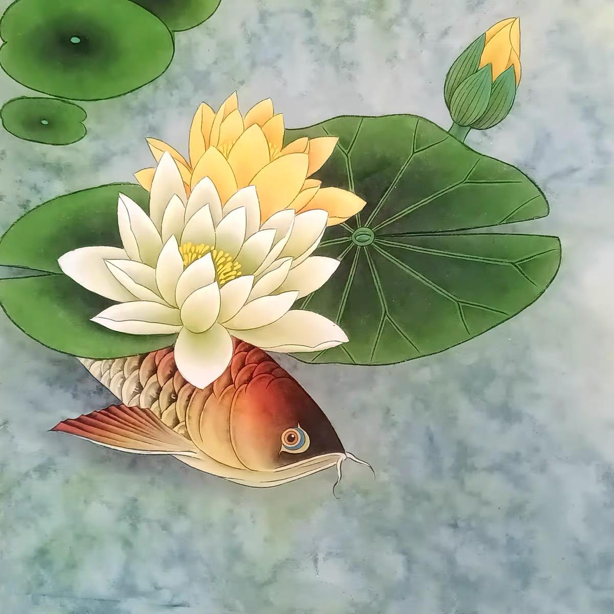 Hand Painting Auspicious Fishes Lotus Flowers in Pond In New Condition For Sale In 景德镇市, CN