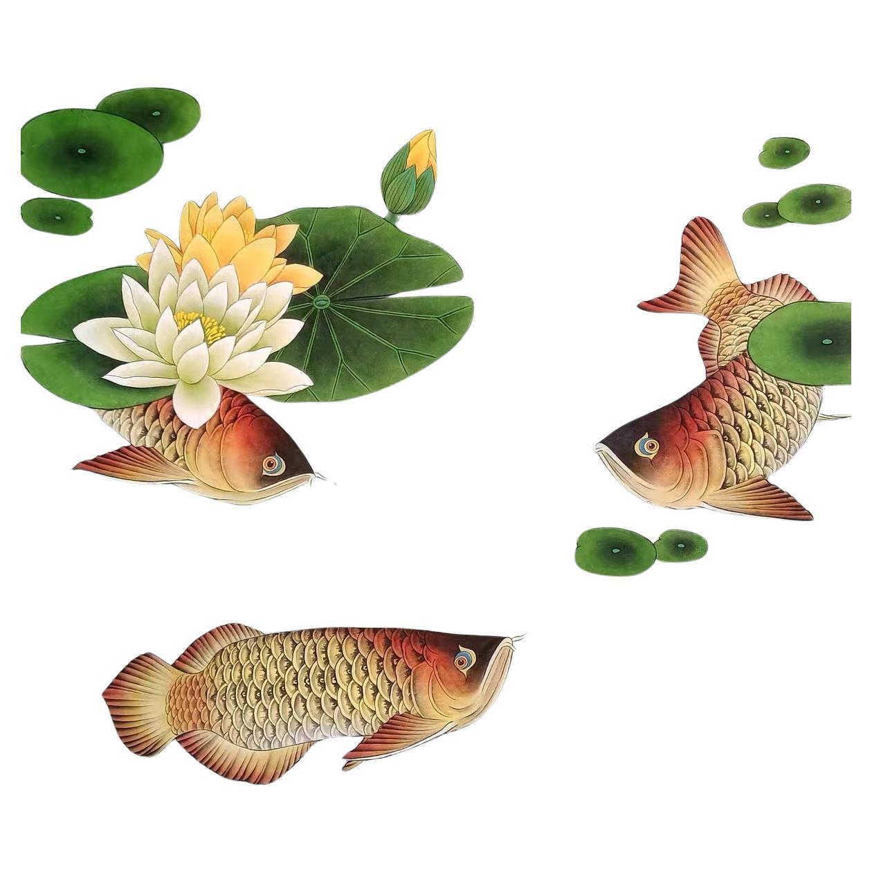 Handgemälde Auspicious Fishes Lotusblumen im Teich, Lotusblumen von Hand im Angebot