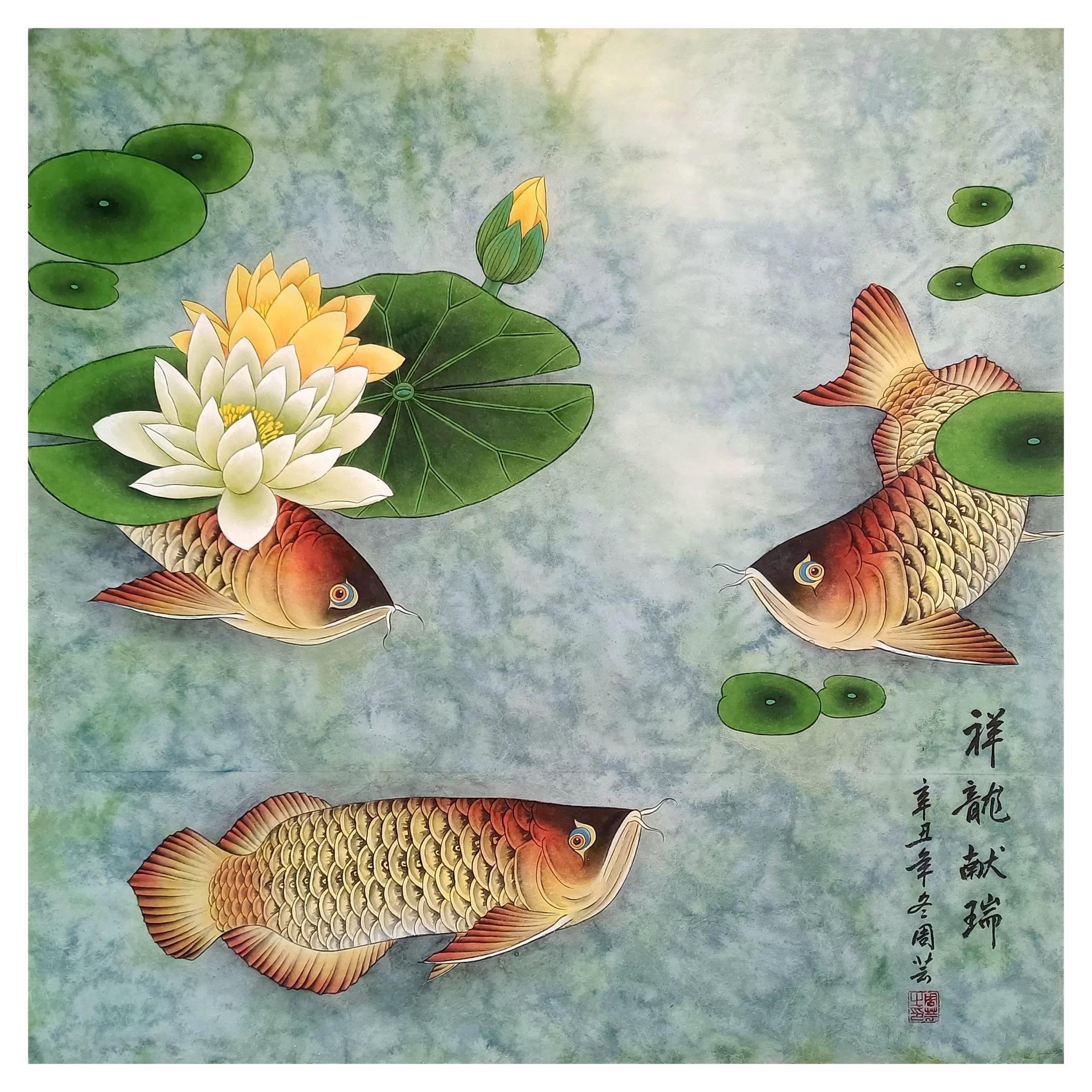 Hand Painting Auspicious Fishes Lotus Flowers in Pond For Sale