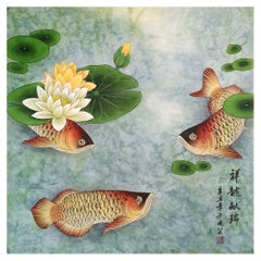 Peinture à la main poissons de bon augure et fleurs de lotus dans un étang