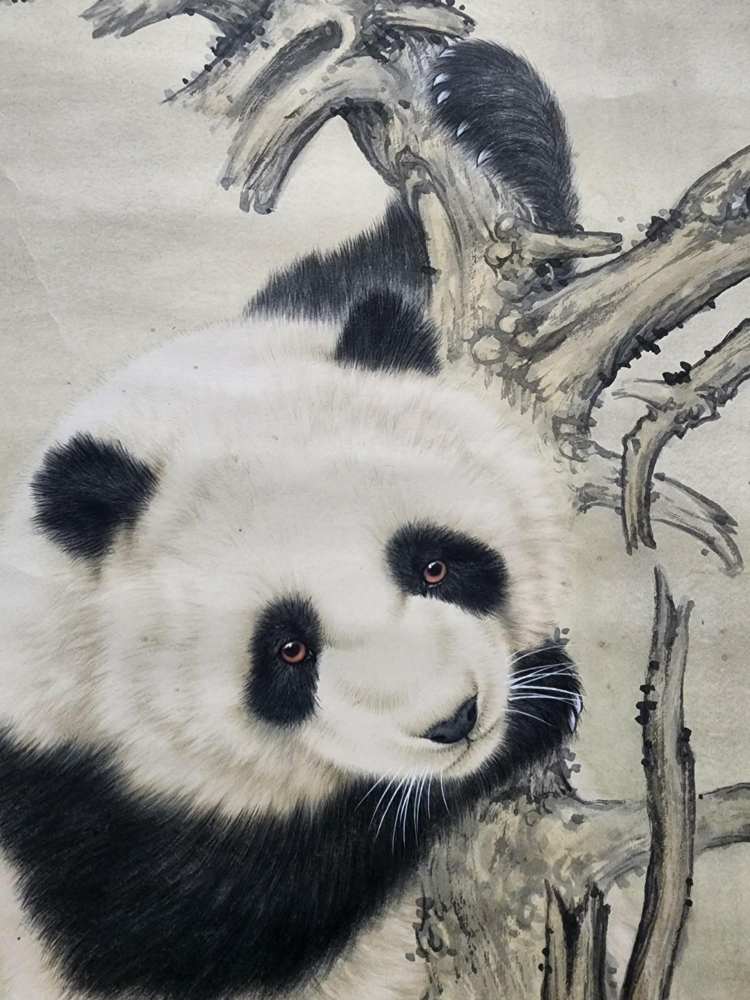 Hand-Painted Hand Painting Two Climbing Pandas by Famous Chinese Artist Wang Shengyong  For Sale