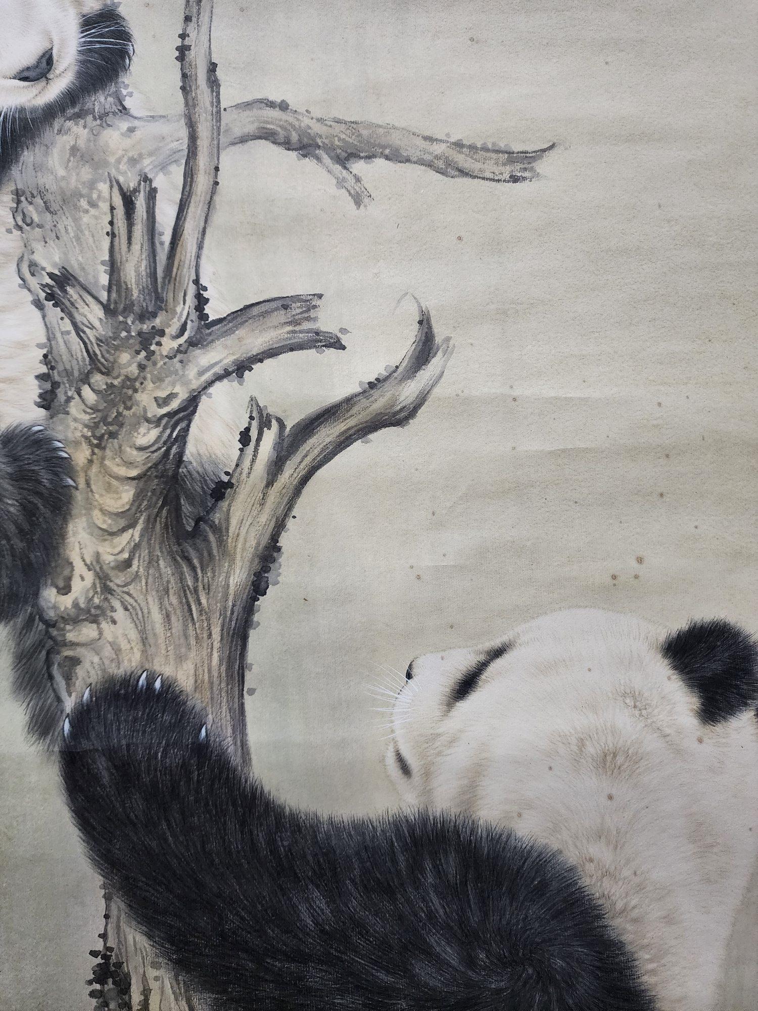 Contemporary Hand Painting Two Climbing Pandas by Famous Chinese Artist Wang Shengyong  For Sale