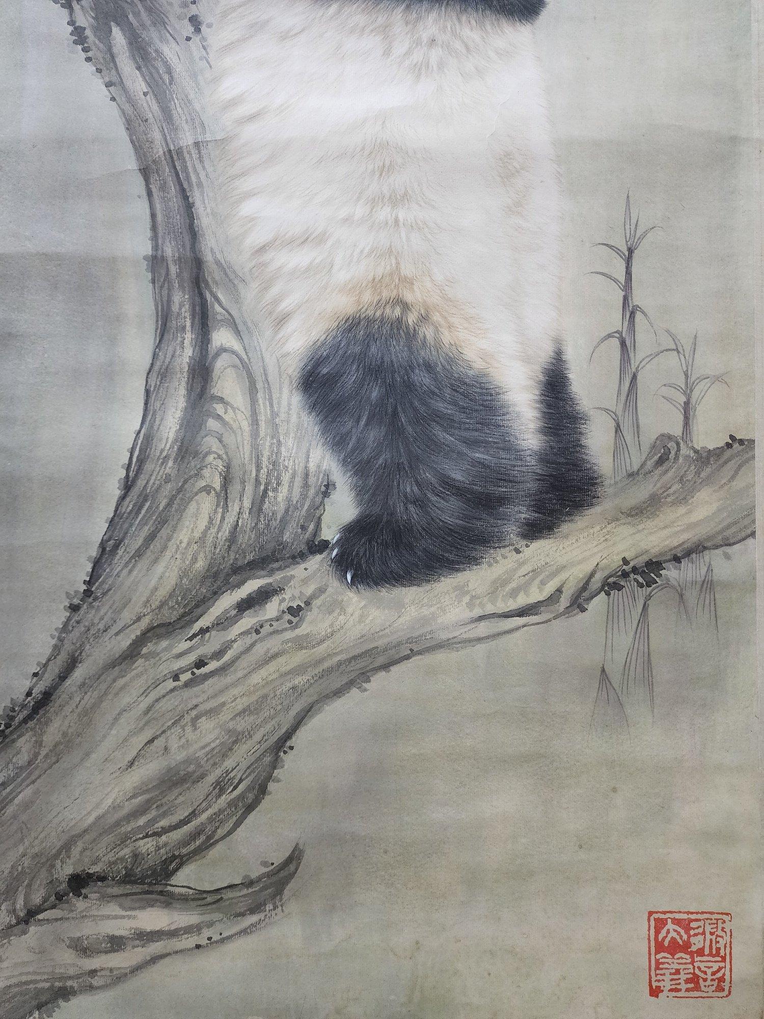 Paper Hand Painting Two Climbing Pandas by Famous Chinese Artist Wang Shengyong  For Sale