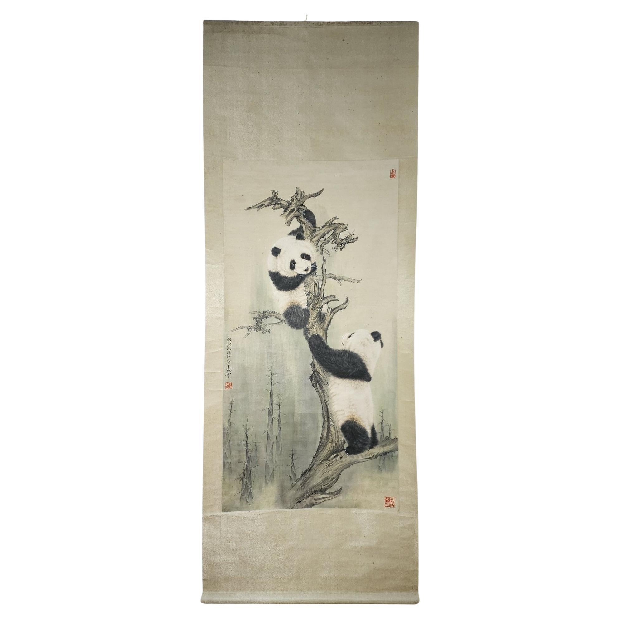Hand Painting Two Climbing Pandas by Famous Chinese Artist Wang Shengyong  For Sale