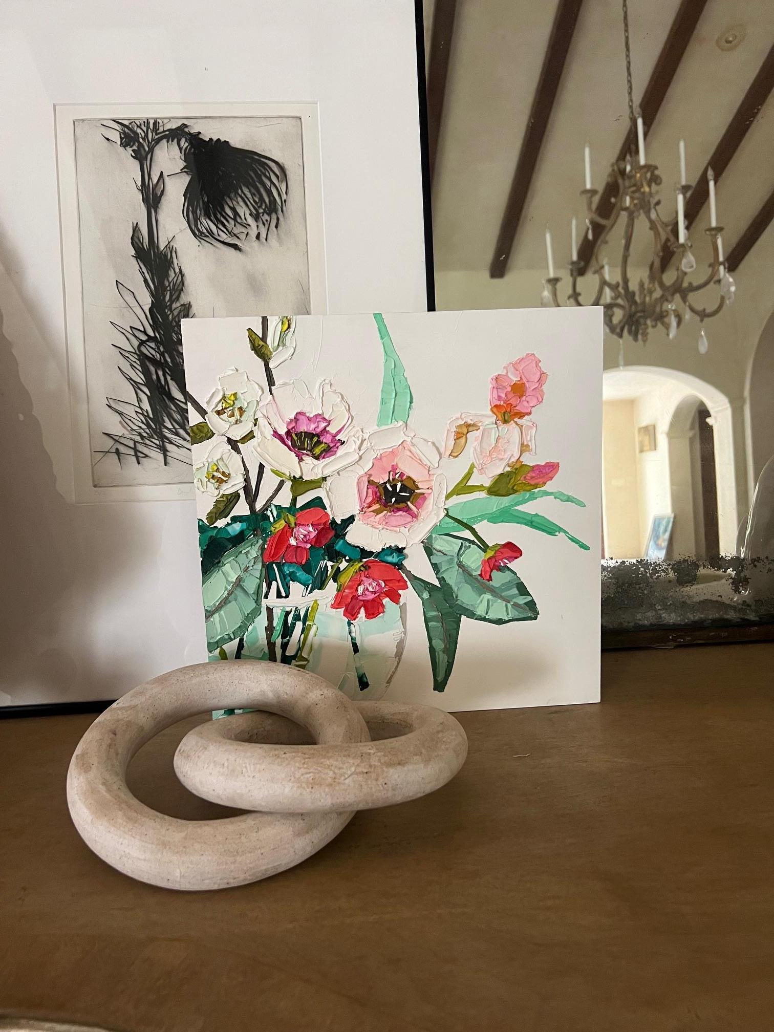 Oil on board botanical still life, painted in Canada in 2021 by Nicolette Valikoski. The painting is painted with a palette knife creating a three dimensional, sculptural, layered look.  


Nicolette paints out of her light-filled studio in