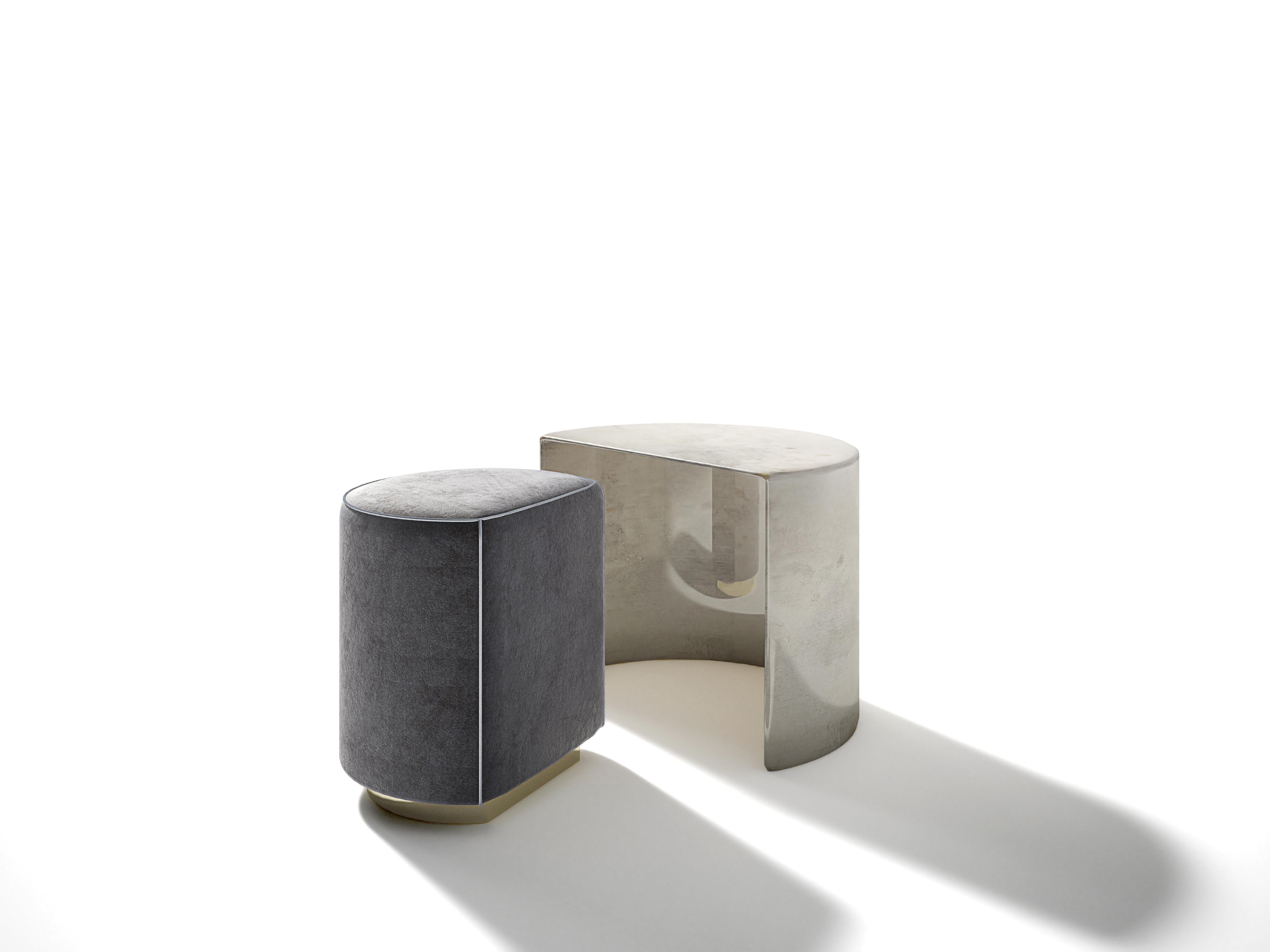 Modern Hand-Patinated Brass Demilune Cocktail Side Table with Hideaway Velvet Pouf For Sale