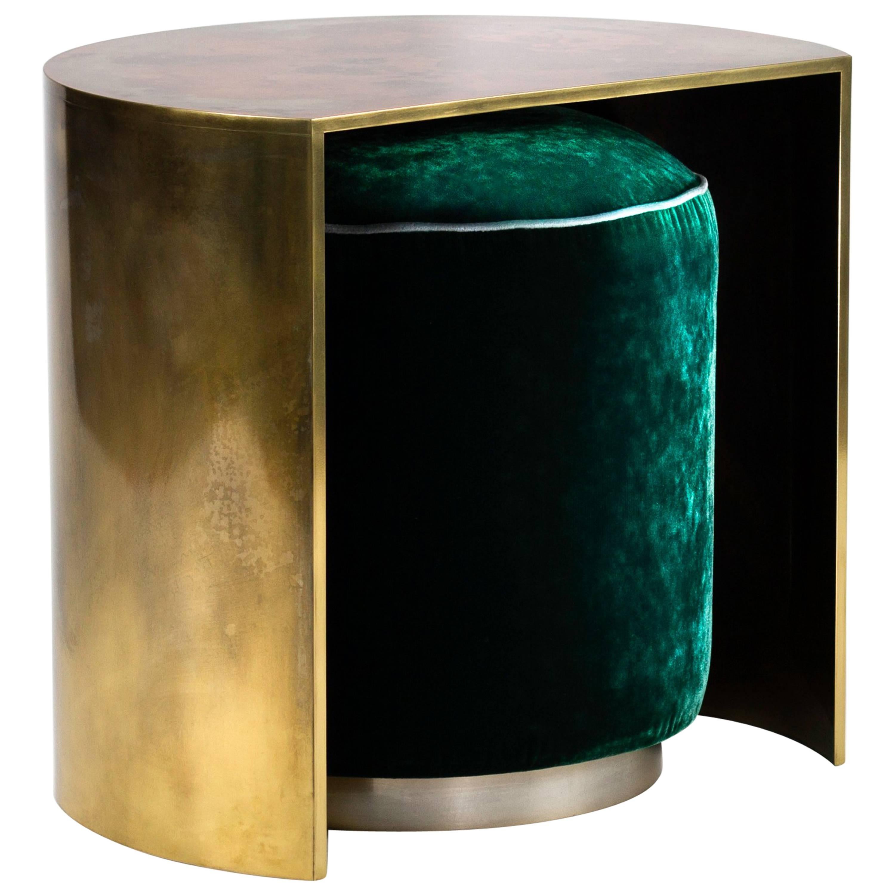 Hand-Patinated Brass Demilune Cocktail Side Table with Hideaway Velvet Pouf