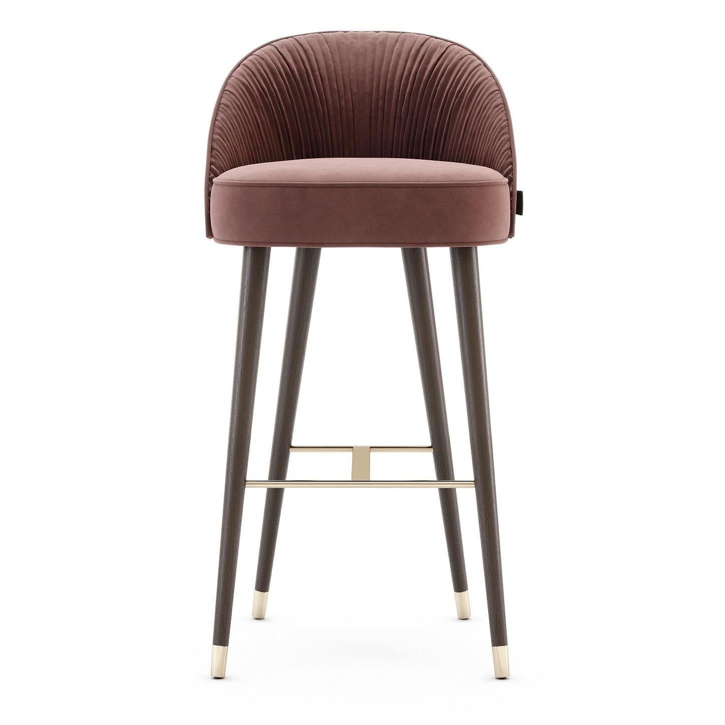 Hand Pleated Velvet Counter or Bar Stool with Wood Legs For Sale 1