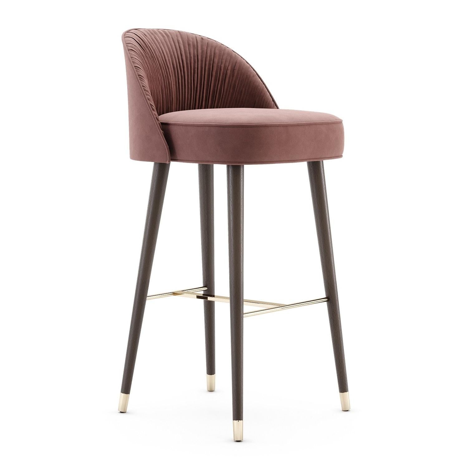 Hand Pleated Velvet Counter or Bar Stool with Wood Legs For Sale 2