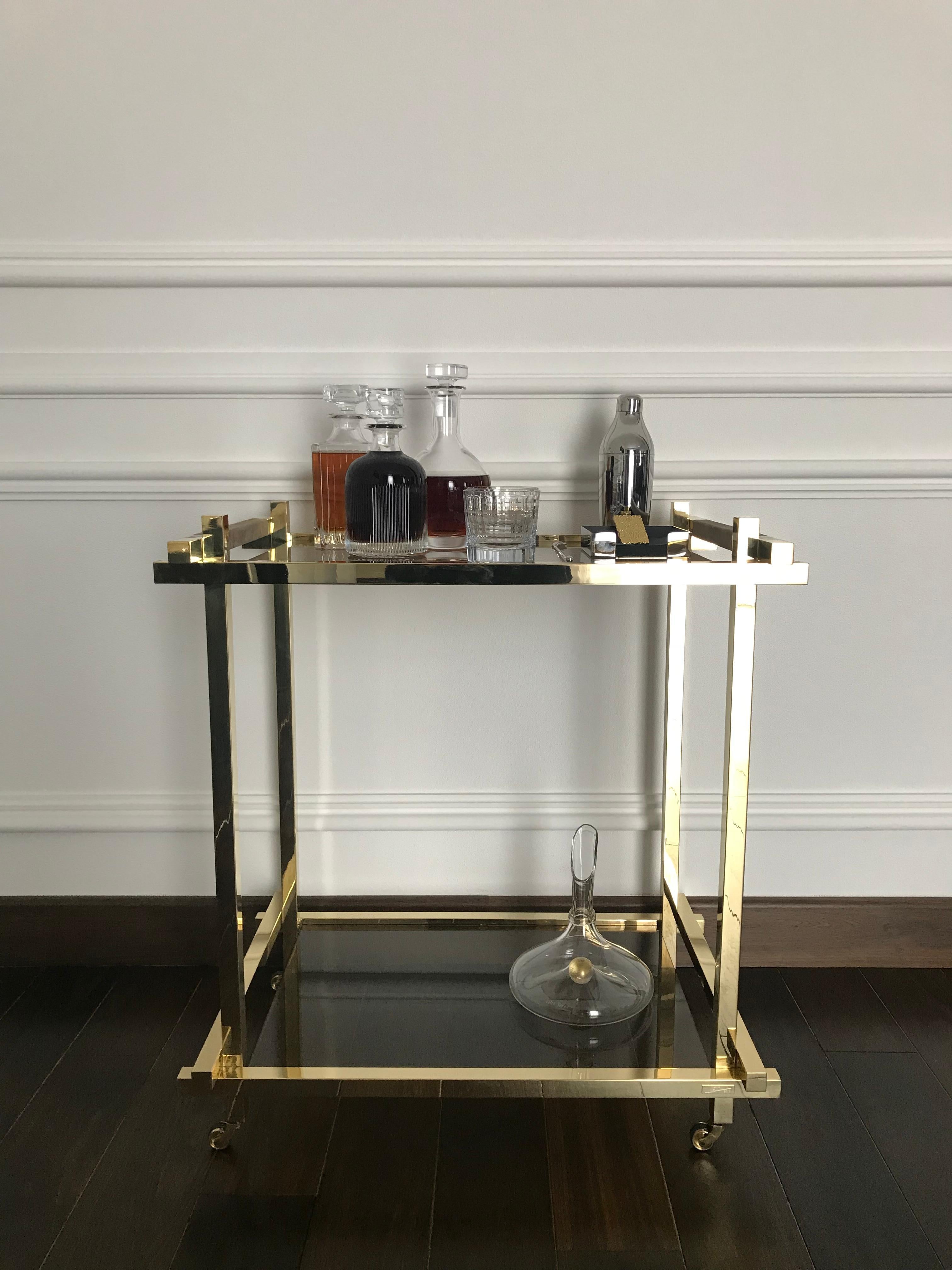 Bar Cart in Hand Polished Brass and Nubuck Leather  For Sale 6
