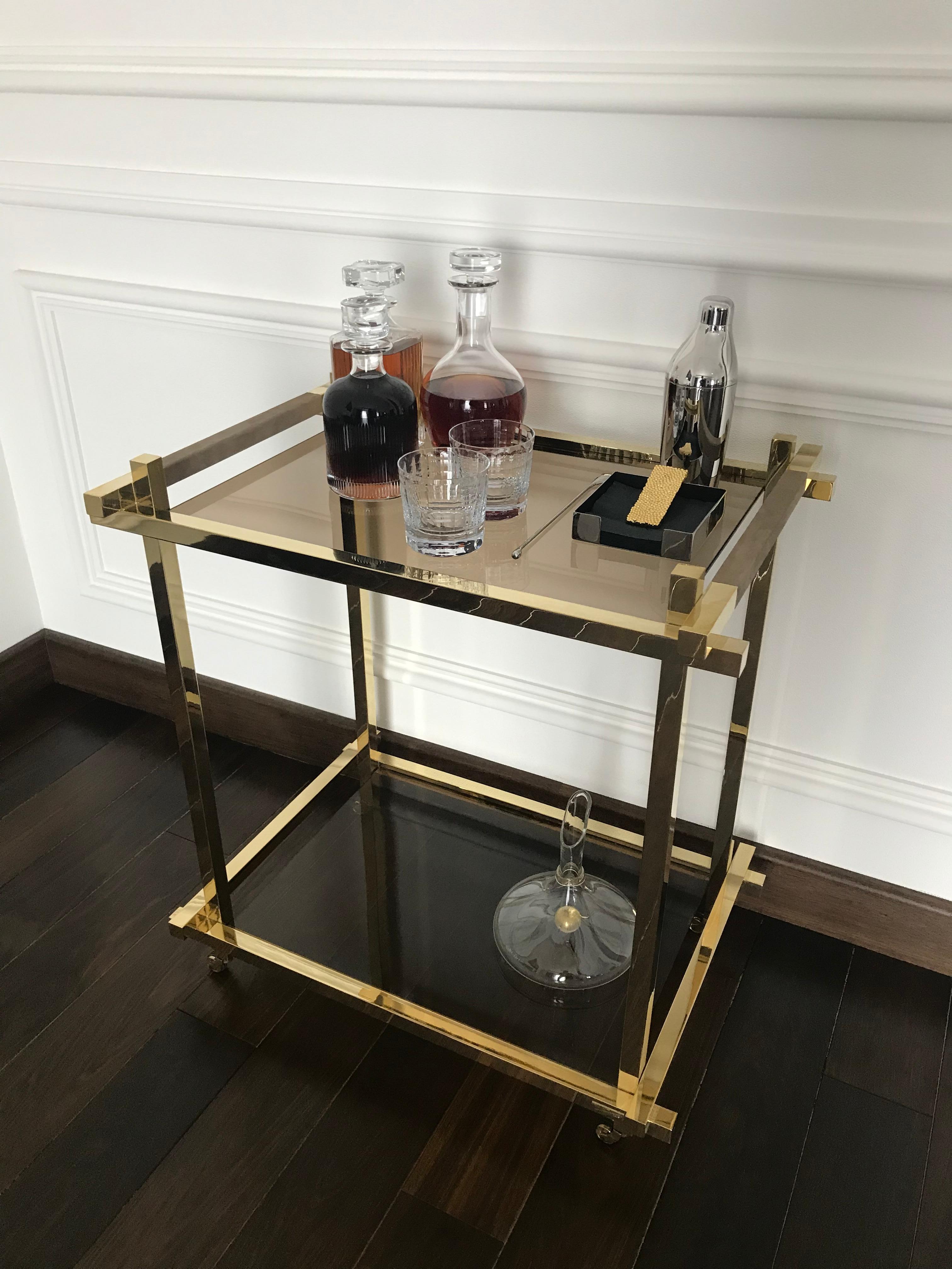 Bar Cart in Hand Polished Brass and Nubuck Leather  For Sale 7