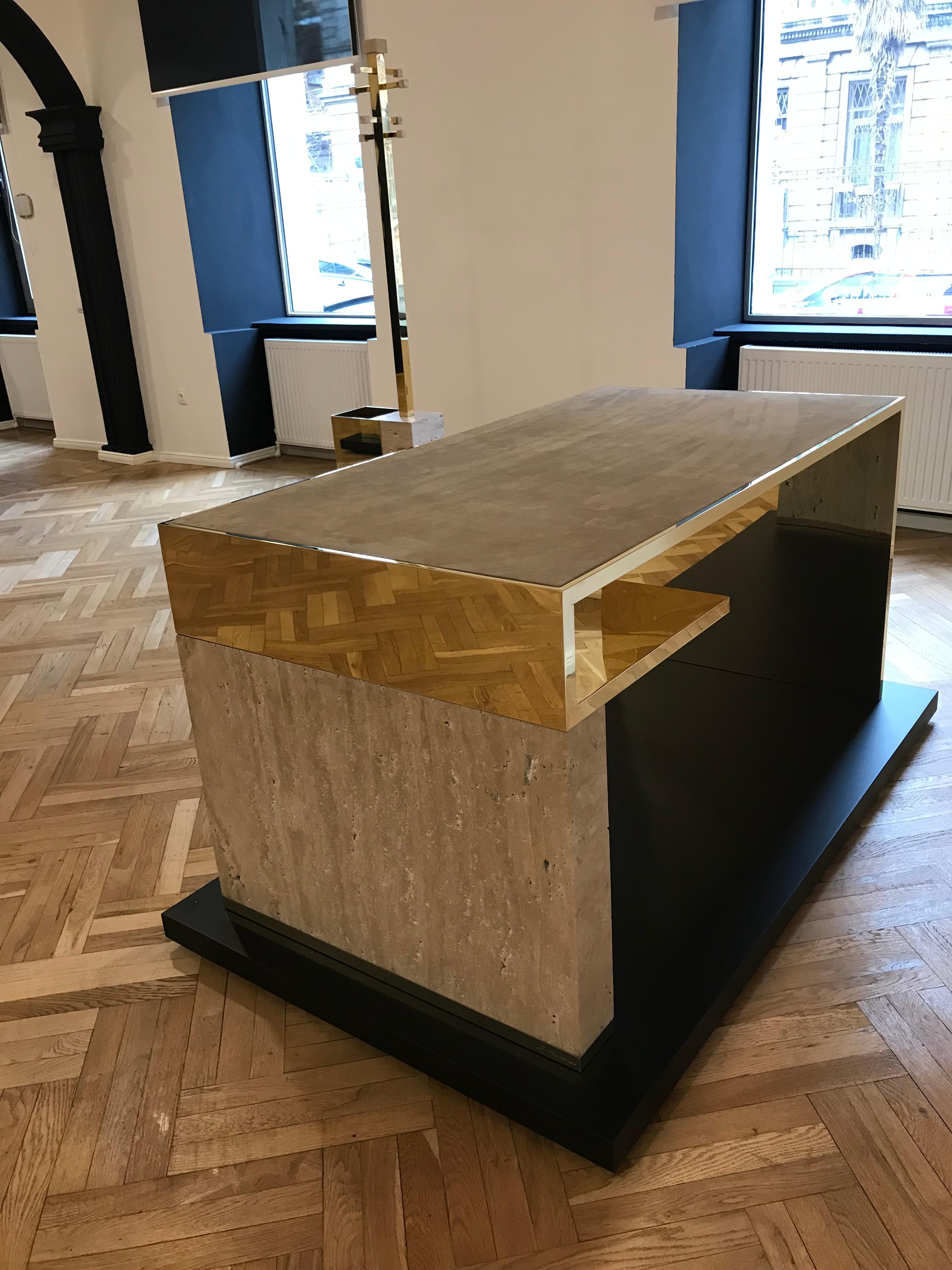 Contemporary Hand Polished Brass Desk or Writing Table with Nubuck Leather Top and Travertine For Sale