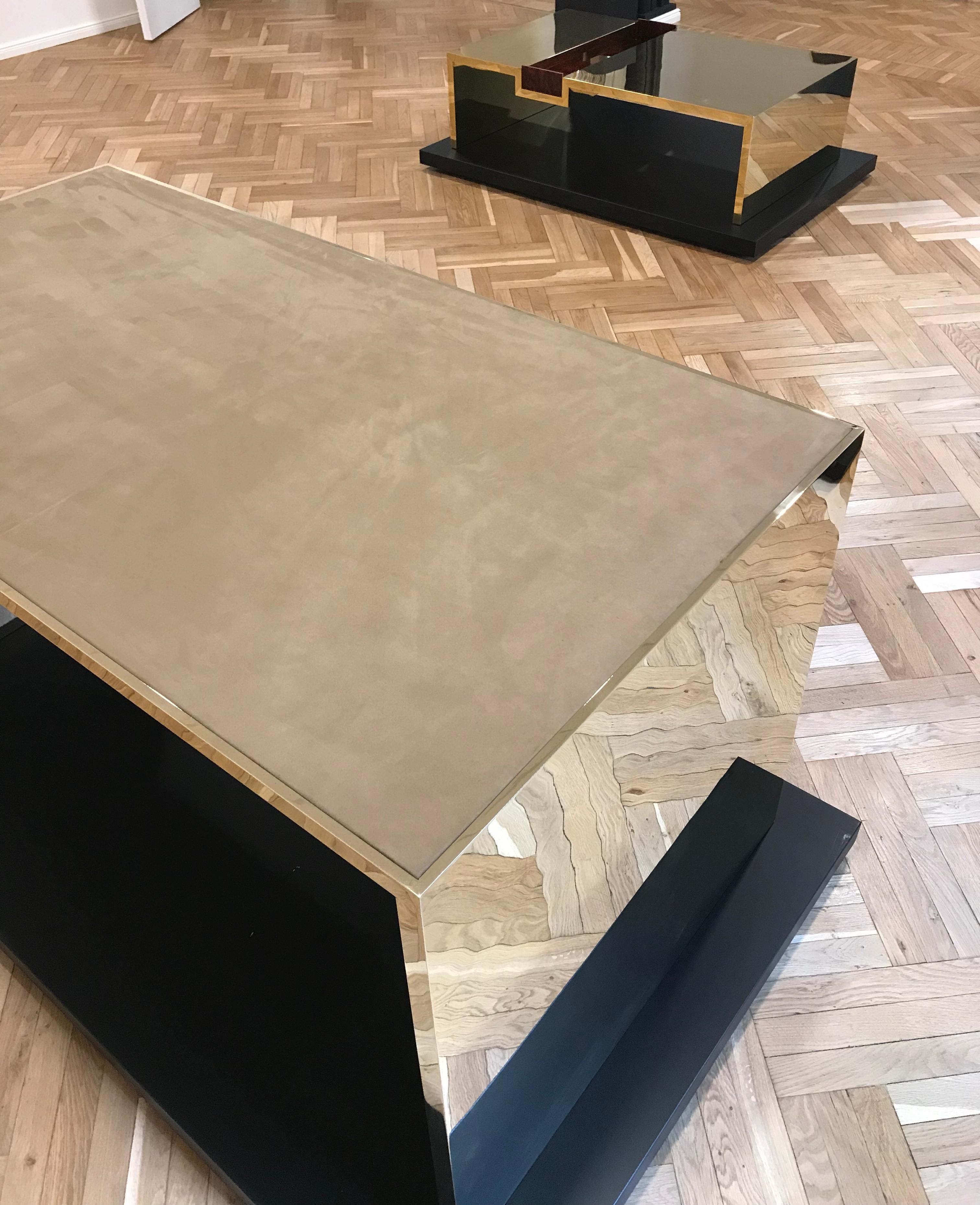 Hand Polished Brass Desk or Writing Table with Nubuck Leather Top and Travertine For Sale 1