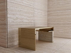 Hand Polished Brass Desk or Writing Table with Nubuck Leather Top and Travertine