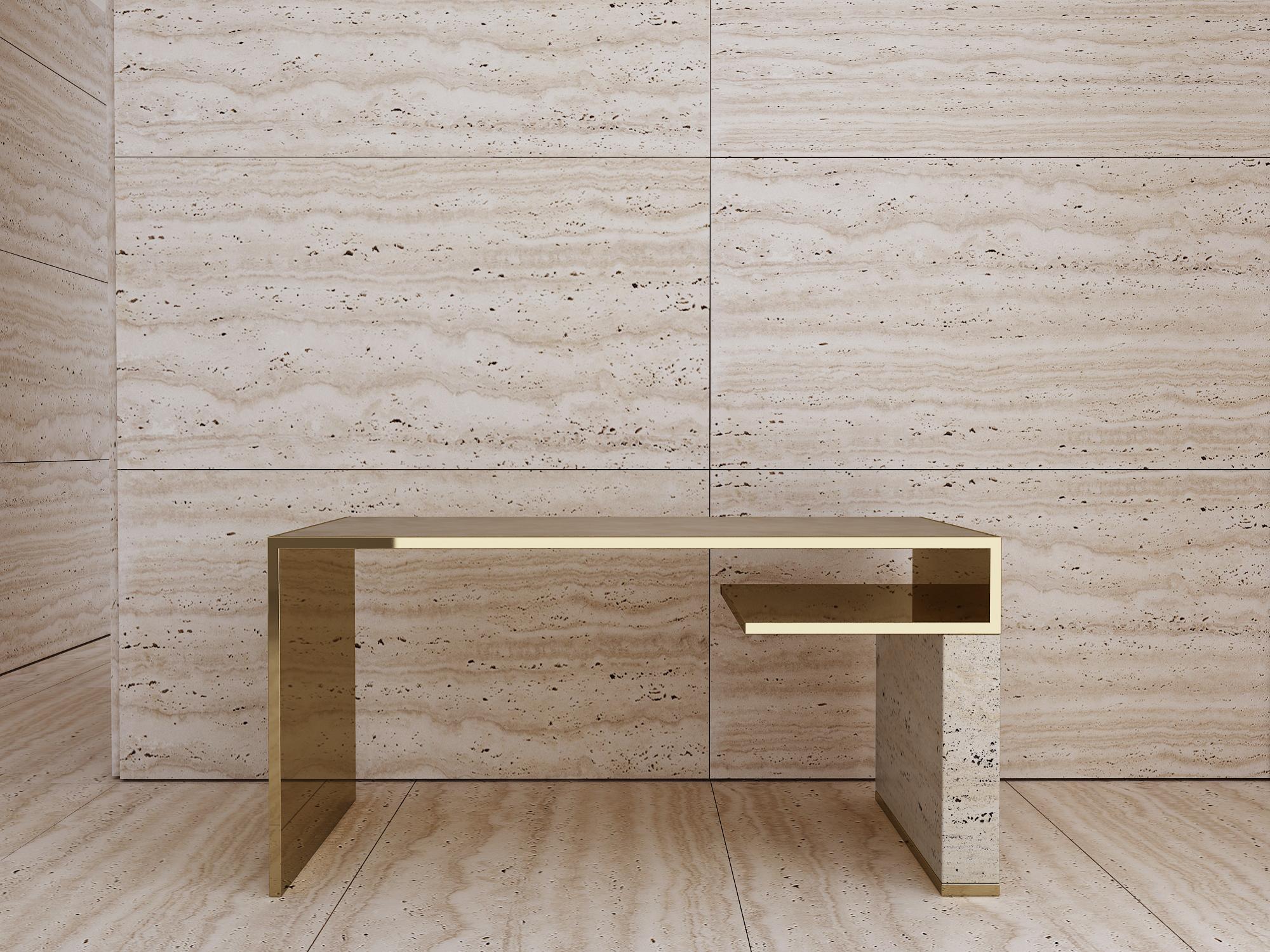 Minimalist Hand Polished Brass Desk or Writing Table with Nubuck Leather Top and Travertine For Sale