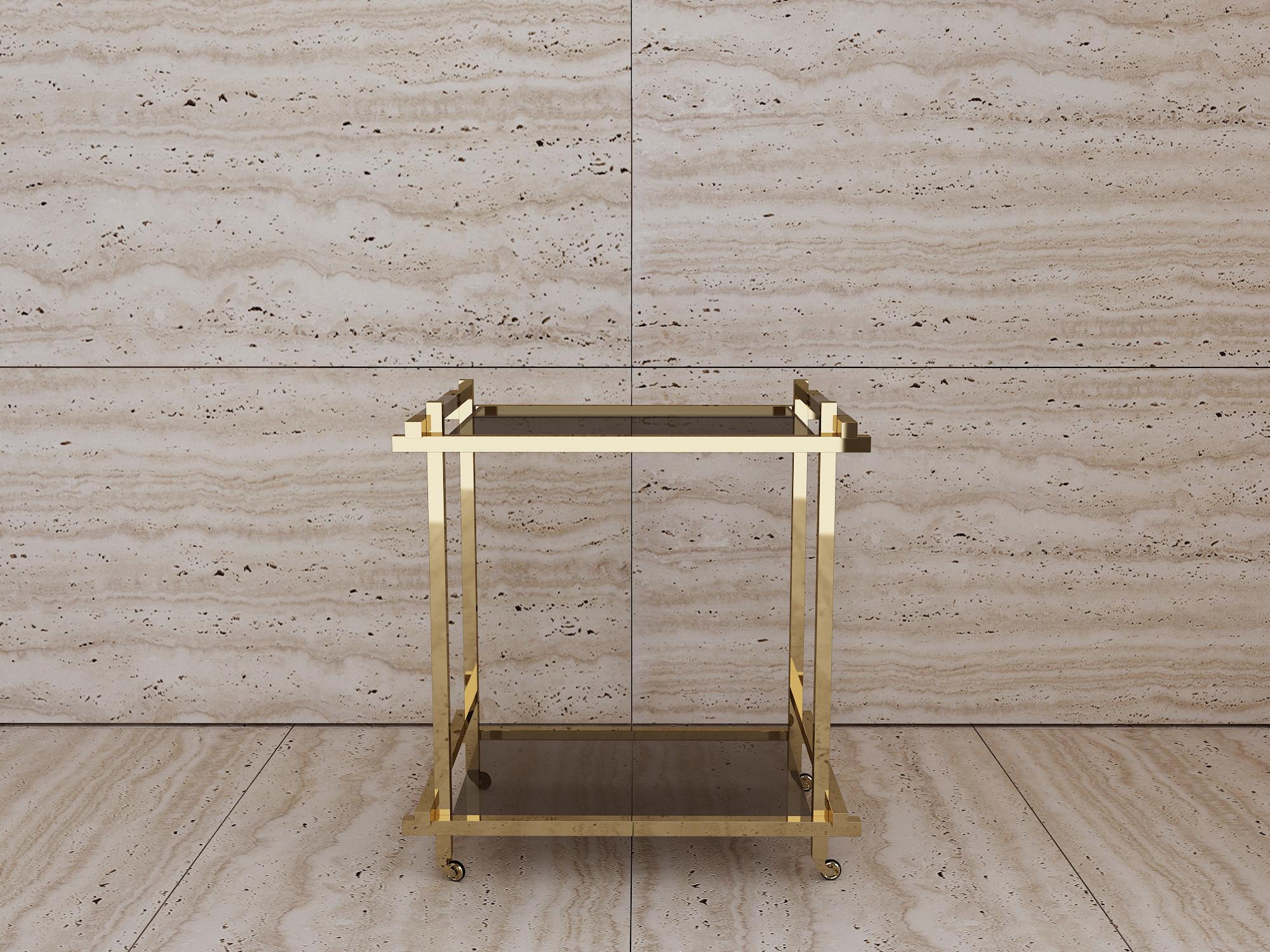 Georgian Bar Cart in Hand Polished Brass and Nubuck Leather  For Sale