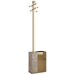 Hand Polished Brass, Travertine Coat Stand and Umbrella Holder Set