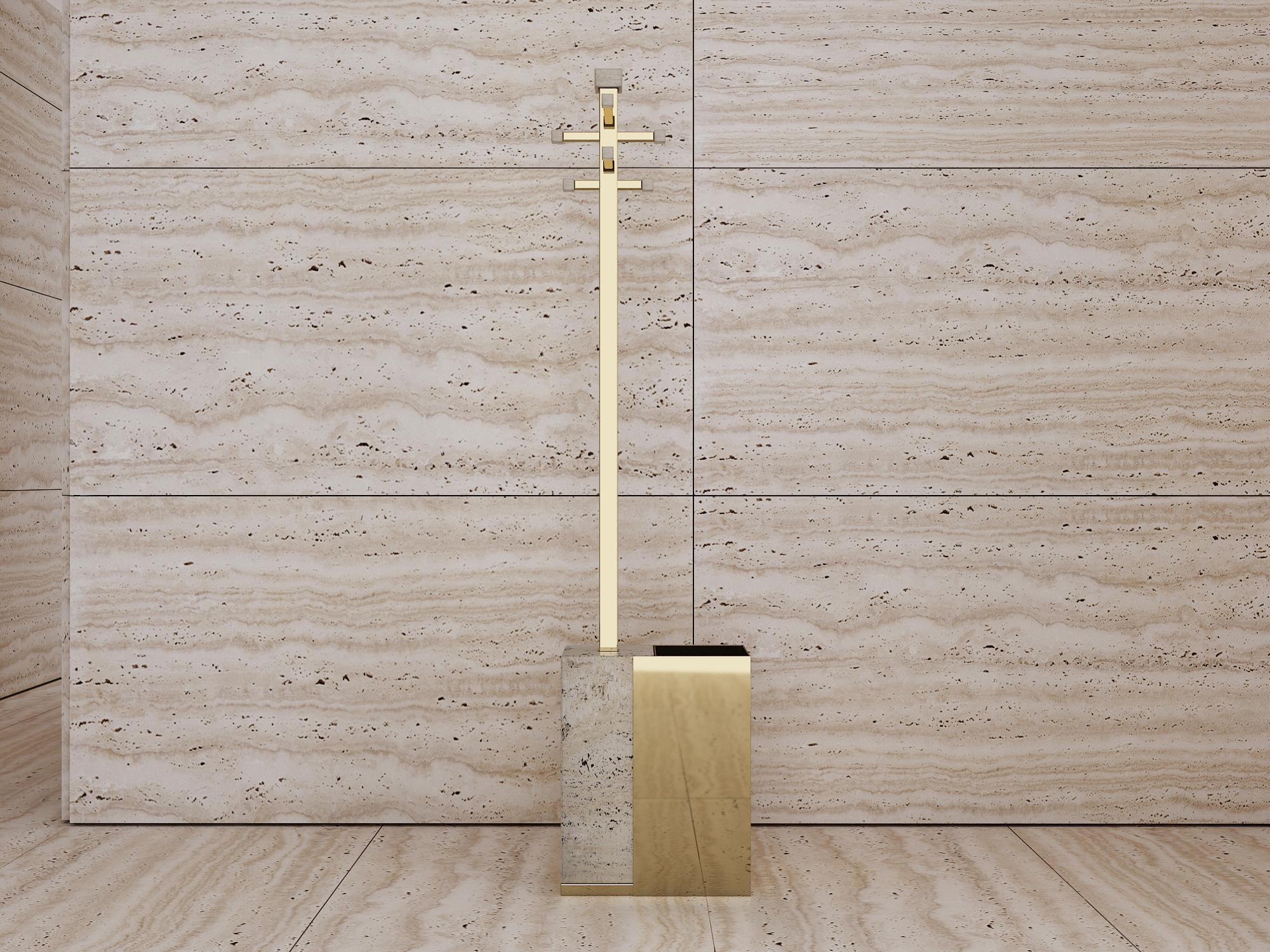 Hand polished solid brass and travertine coat stand & umbrella holder set. Items can be showcased together or separately.

Approximate individual dimensions:
Coat stand: W 20 x D 20 x H 178 cm
Umbrella holder: W 25 x D 20 x H 51 cm

All pieces are