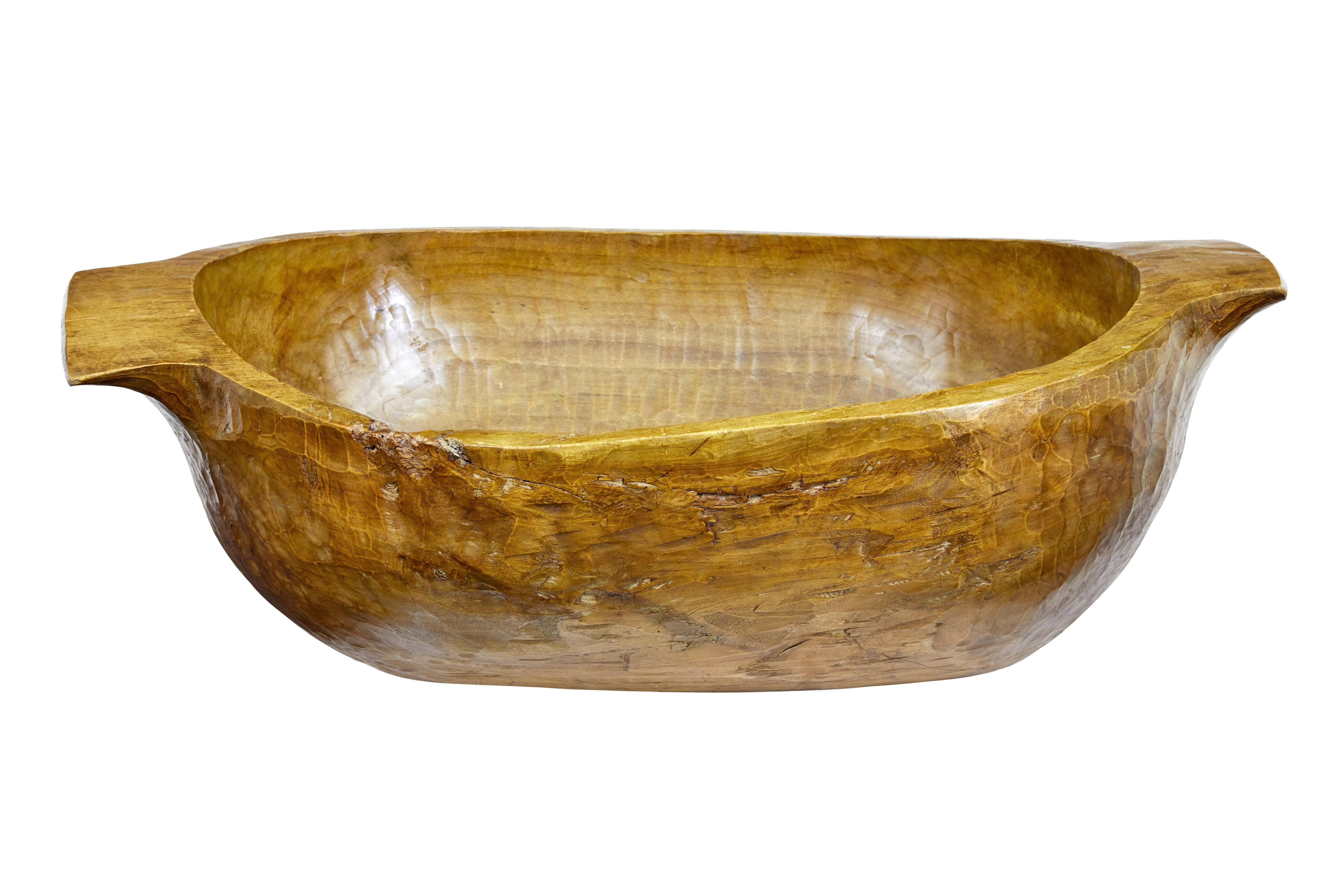 Rustic Hand Polished Large Early 20th Century Carved Bowl For Sale