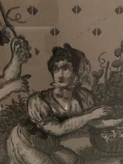 Hand Printed 19th Century Framed Landscape Figures Wallpaper Panel en Grisaille