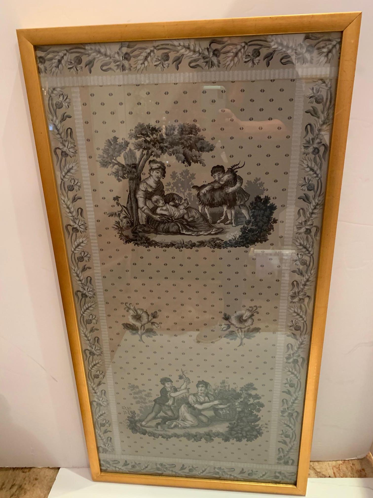 Hand Printed 19th Century Framed Landscape Figures Wallpaper Panel en Grisaille In Excellent Condition For Sale In Hopewell, NJ