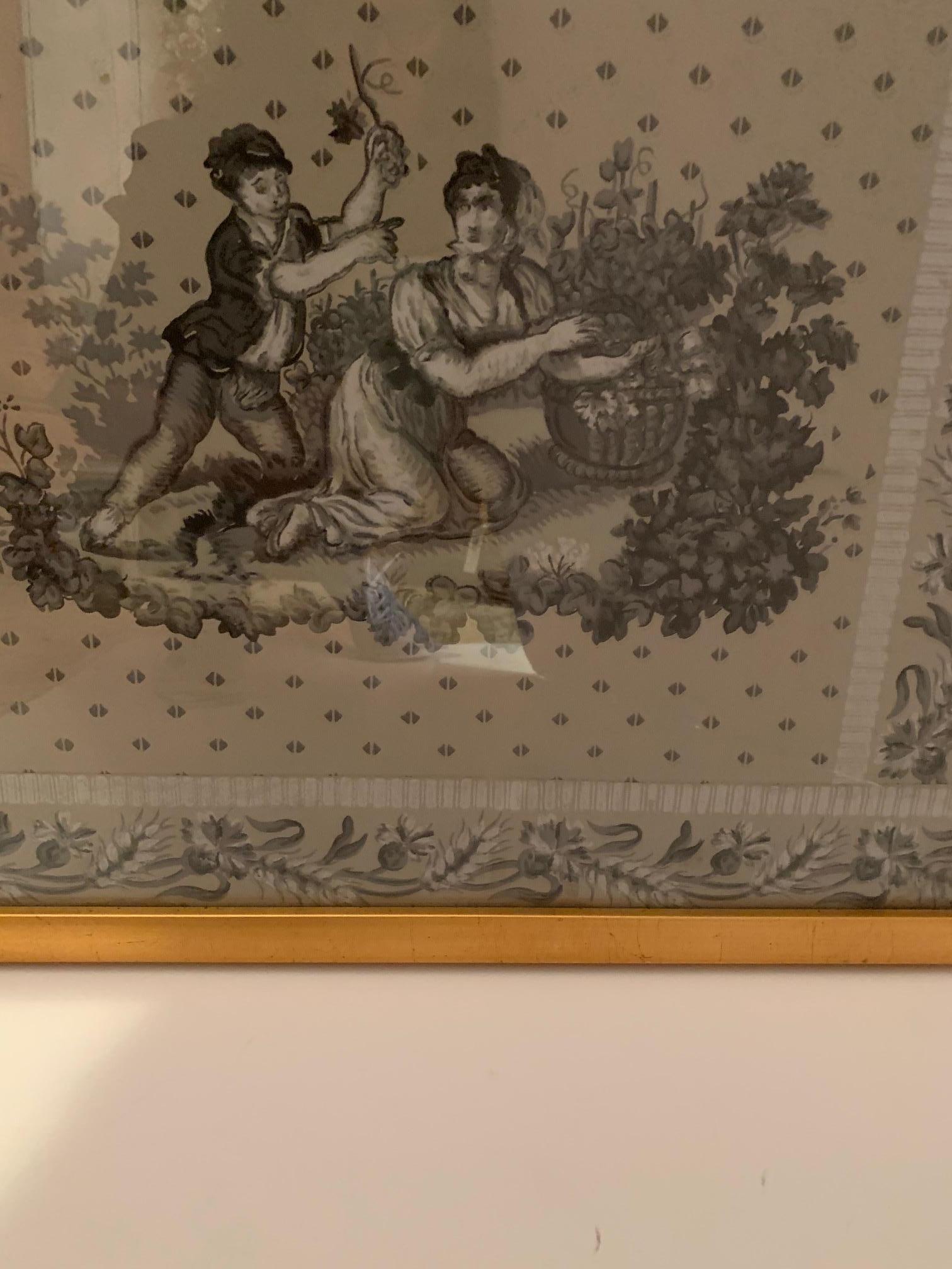 Paper Hand Printed 19th Century Framed Landscape Figures Wallpaper Panel en Grisaille For Sale