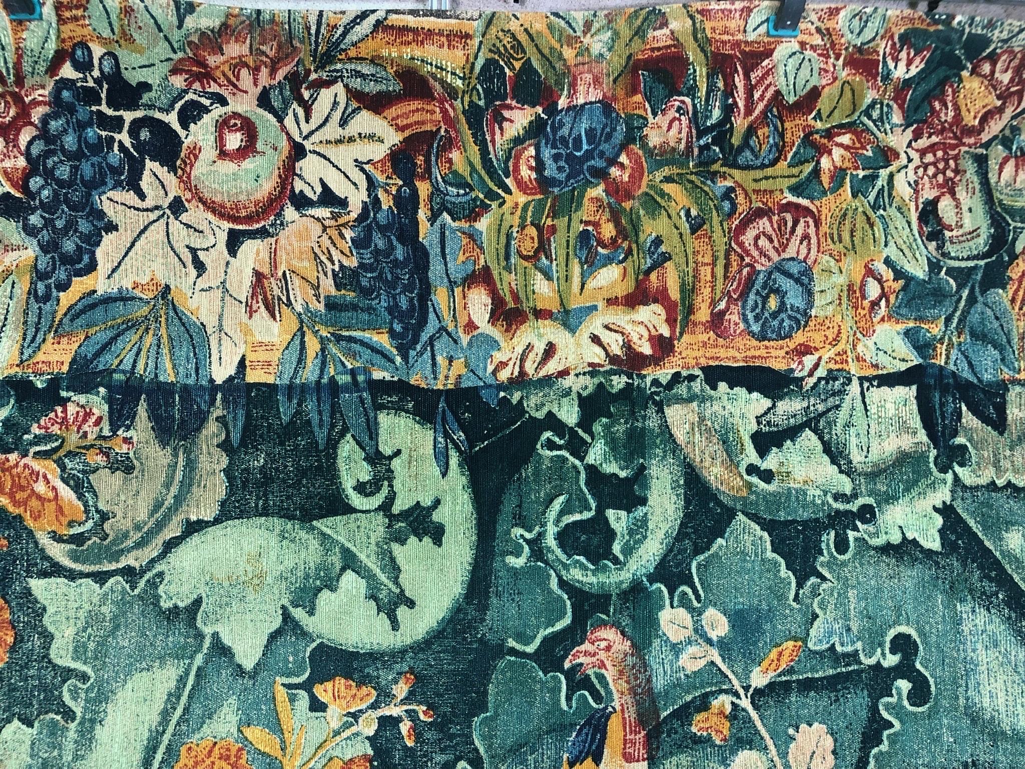 Beautiful vintage French tapestry decorated with aristolochia style feuilles de choux which can be found in the Audenarde tapestries dating from the 15th and 16th centuries.