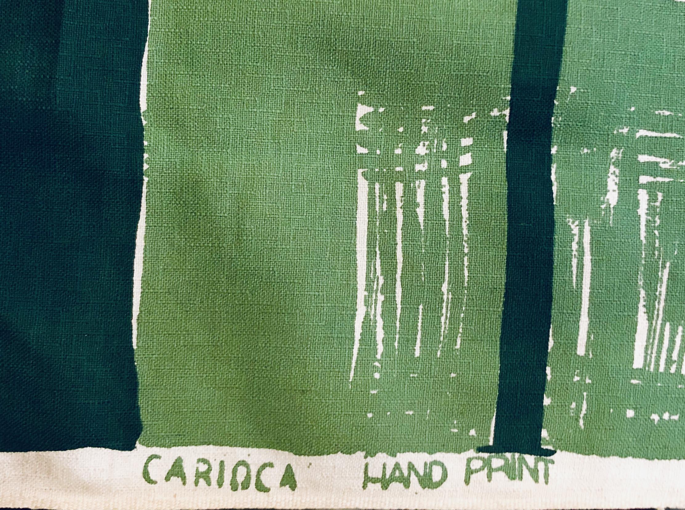This beautiful vintage fabric is a 100% cotton barkcloth. Barkcloth is a textured printed woven fabric. This fabric was made by Carioca and is white with two shades of green in an abstract, Mid-Century, brushstroke style plaid print.

This fabric