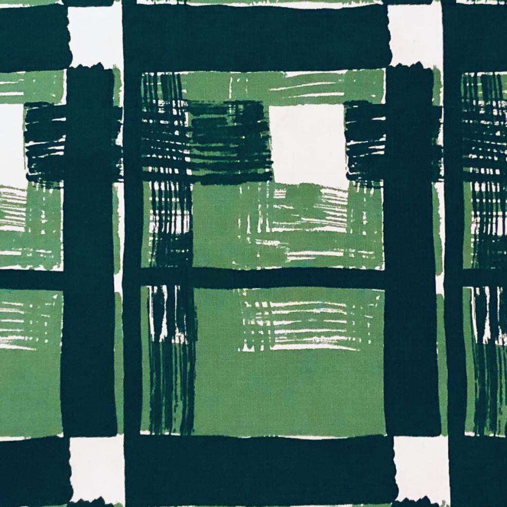 Mid-Century Modern Hand Printed Vintage Mid Century Barkcloth with Green Plaid Design, 7 yrds total