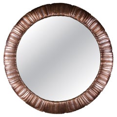 Hand Repoussé Antique Copper Feather Design Round Mirror by Robert Kuo