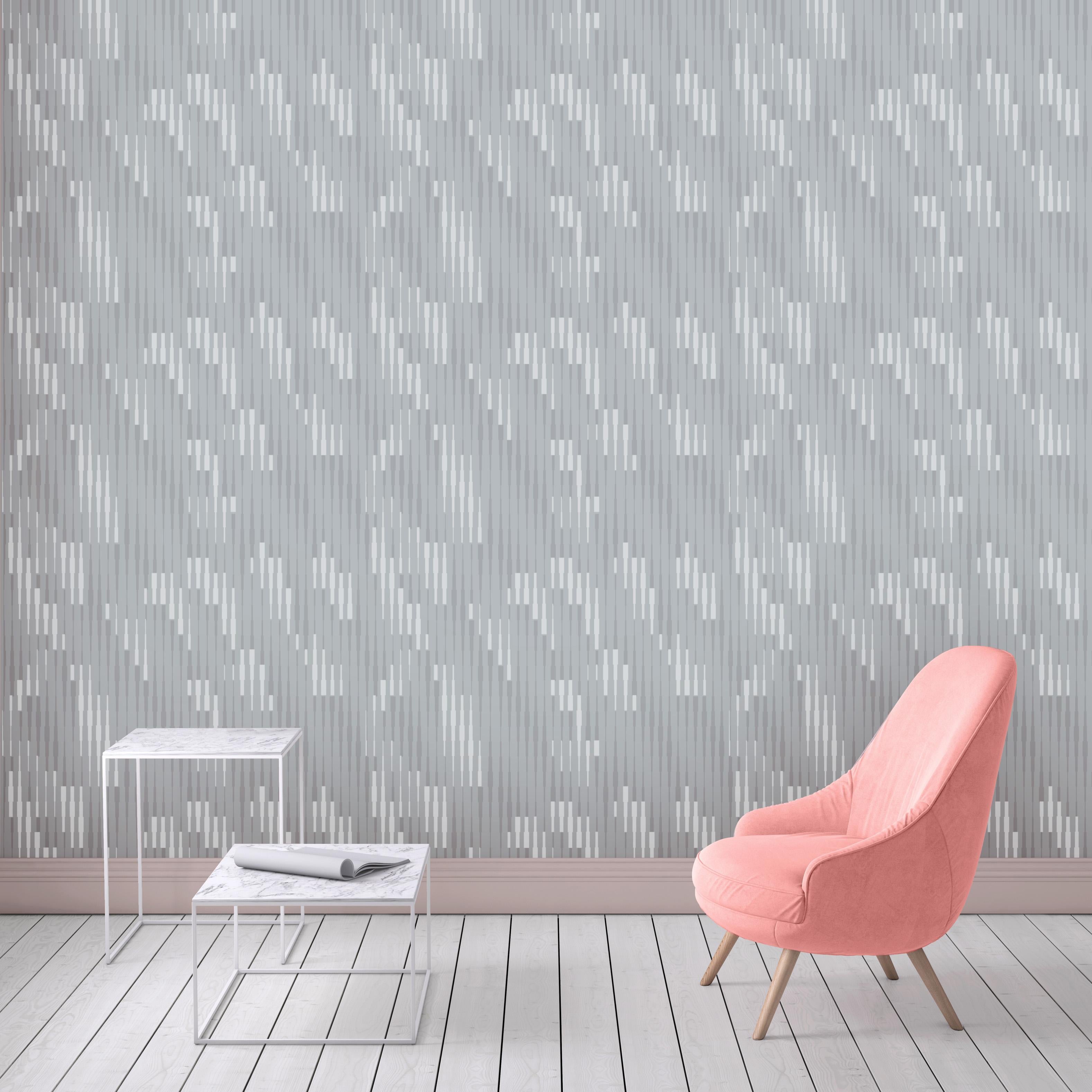 American Hand-Screened Cascade Wallpaper in Silver Rain Colorway For Sale