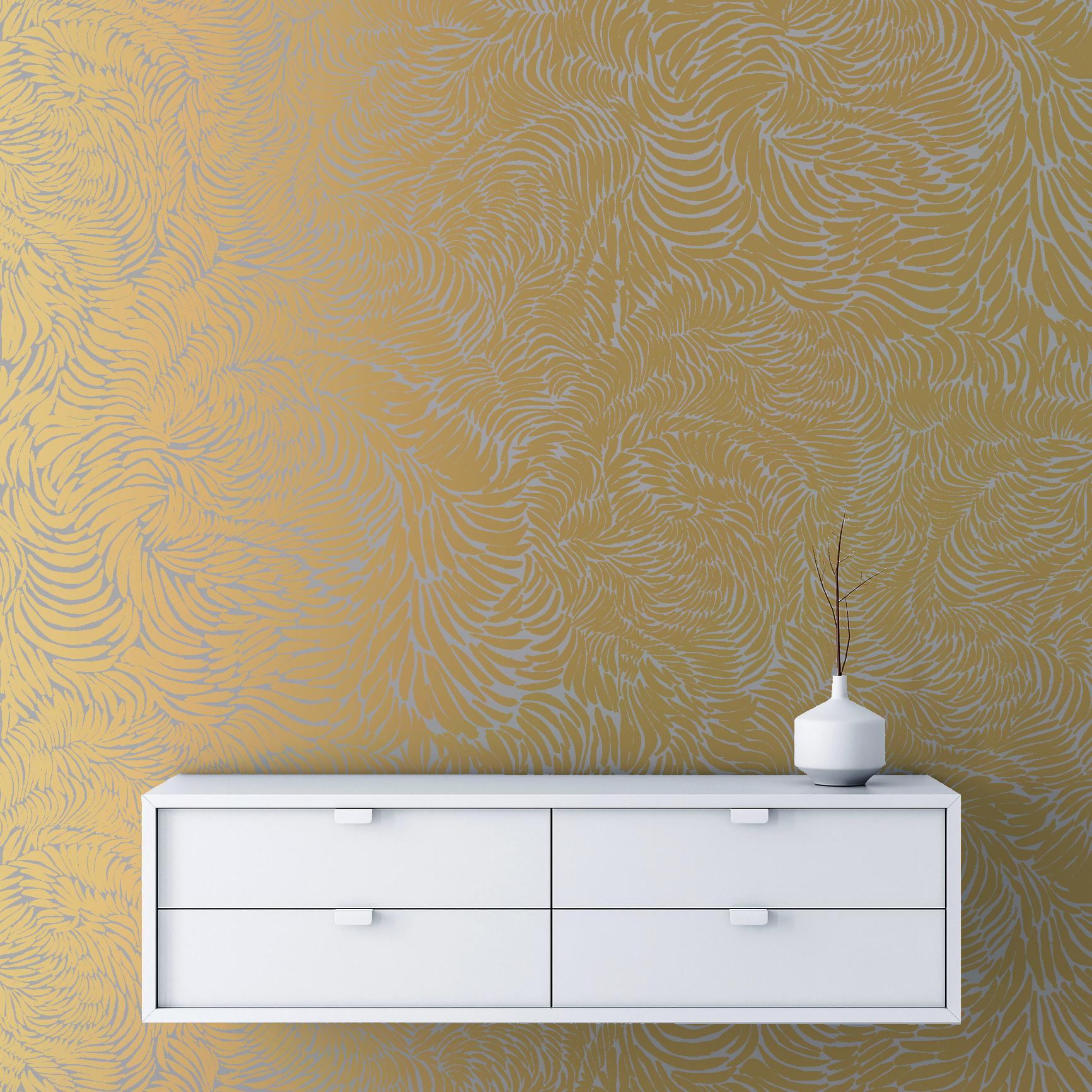 Modern Hand-Screened Plume Wallpaper in Rich Gold Colorway For Sale