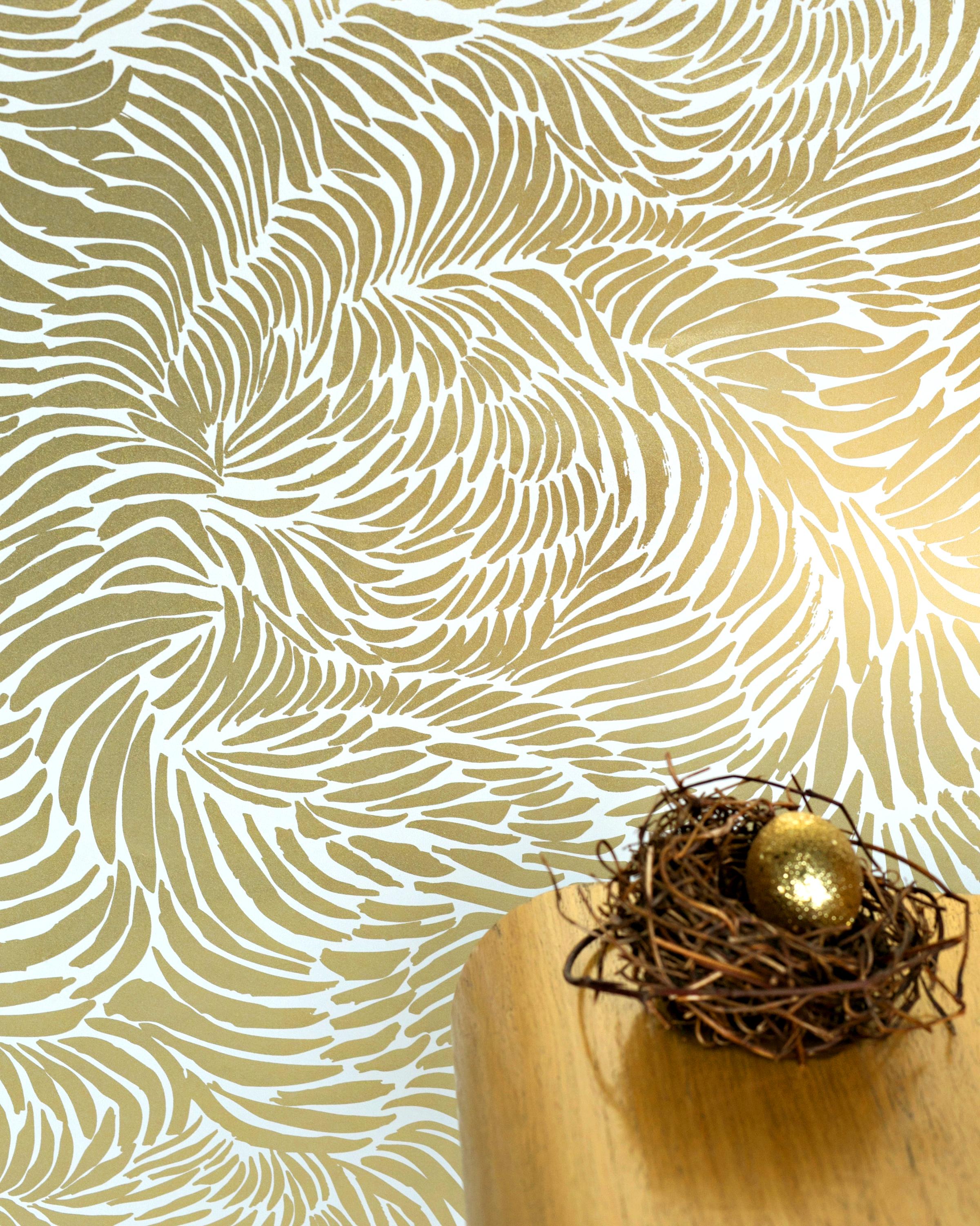 American Hand-Screened Plume Wallpaper in Rich Gold Colorway For Sale