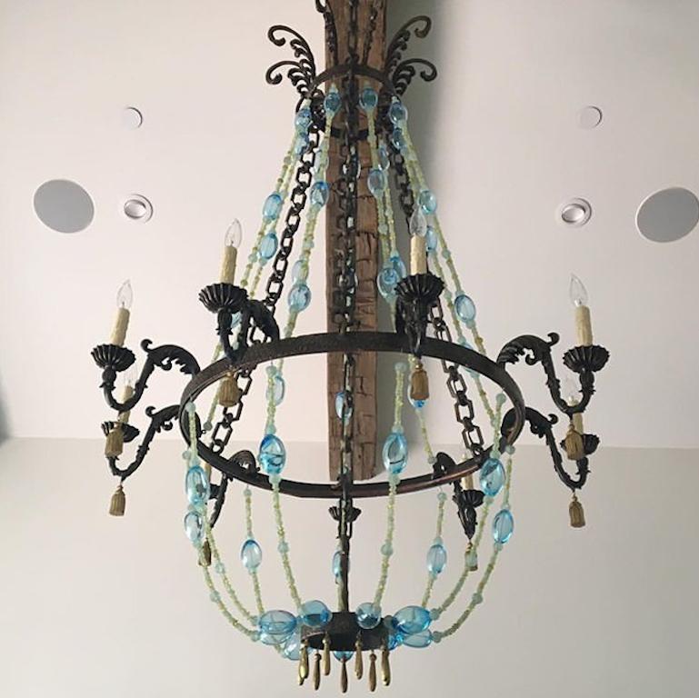 Chandelier Bronze sculpted with Hand-Blown Glass For Sale 1