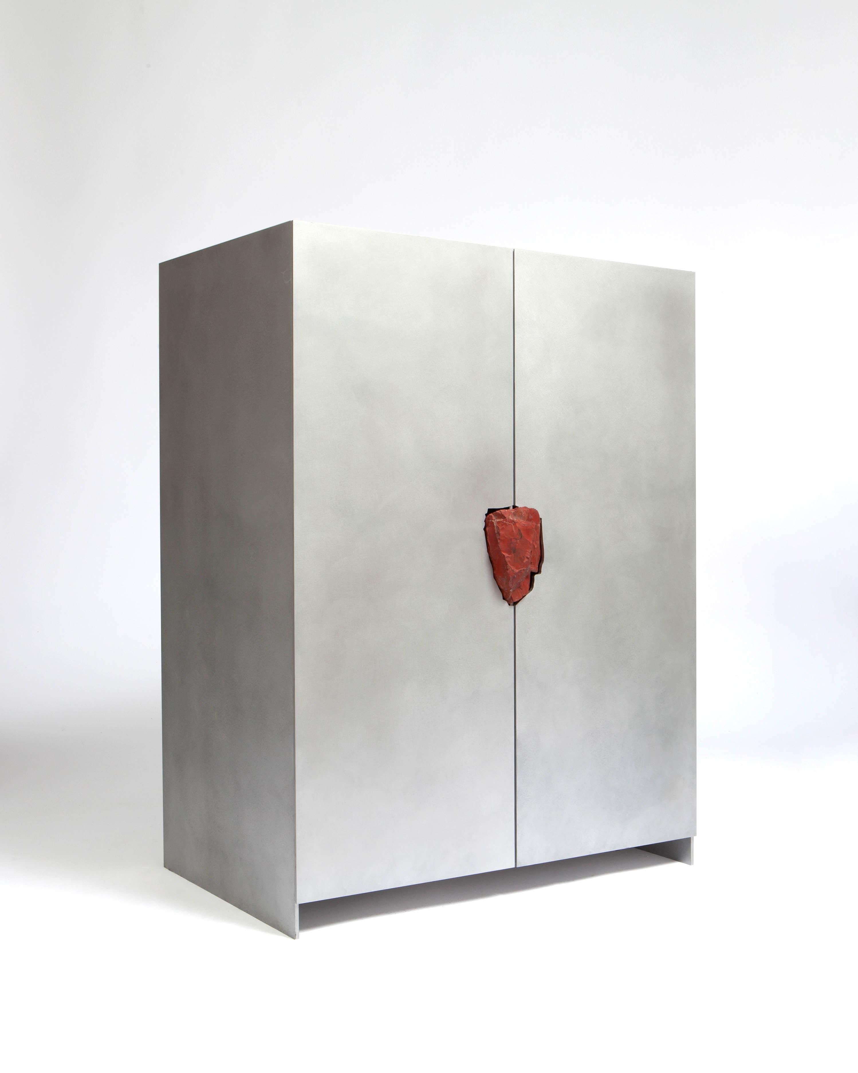 Modern Hand-Sculpted Cabinet with Original Jasper Stone, Pierre De Valck For Sale