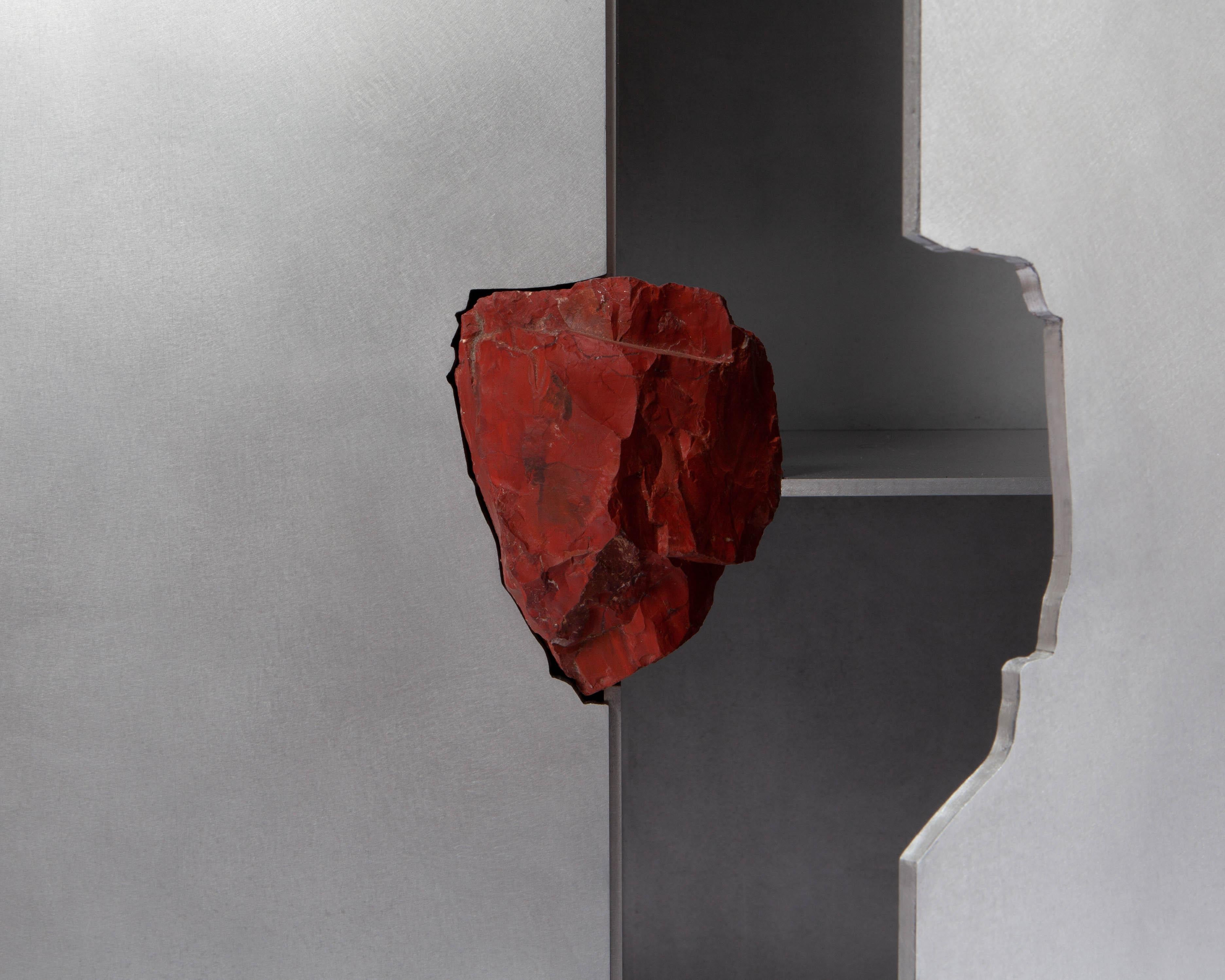 Belgian Waxed Aluminium Cabinet with Natural Ruby Red Stone, Signed by Pierre De Valck For Sale