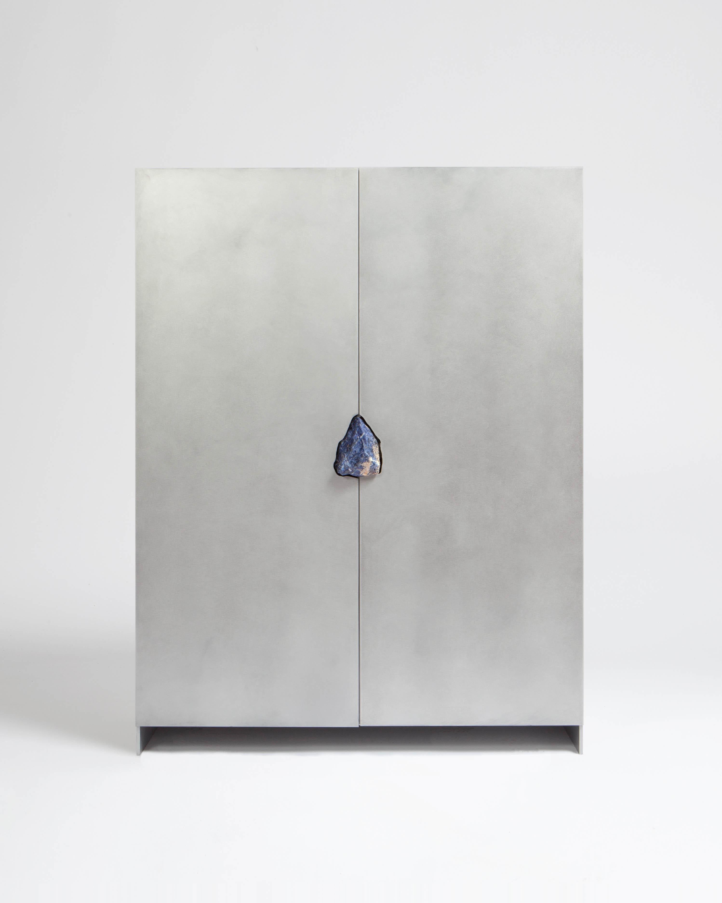 Modern Hand-Sculpted Cabinet with Original Lapis Lazuli, Pierre De Valck For Sale